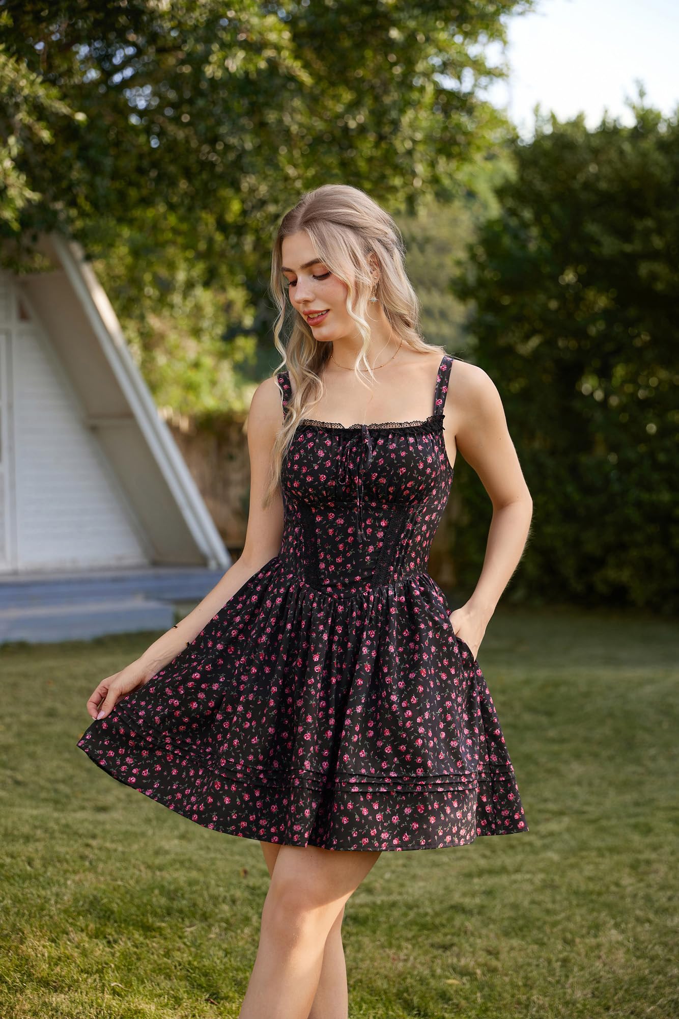 Scarlet Darkness Floral Corset Dress Summer Mini Dresses for Women Teens 2026 Graduation Sundress Black Floral L