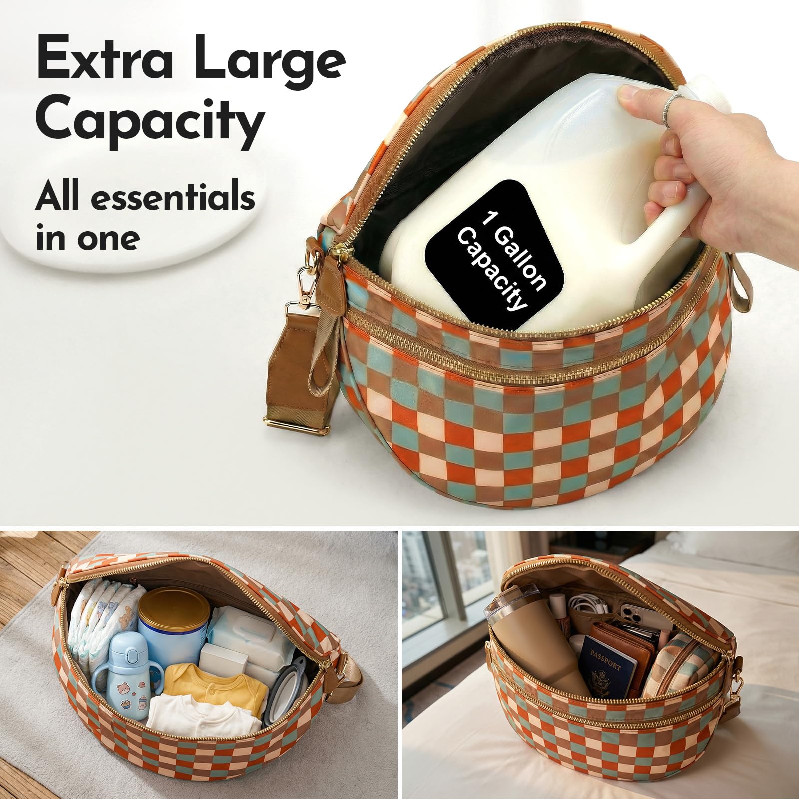 Jooniter Checkered Crossbody Bag Nylon Bum Bags for Women Spacious Handbags Purse Fanny Packs with Shoulder Strap (Multicolor Checkered)