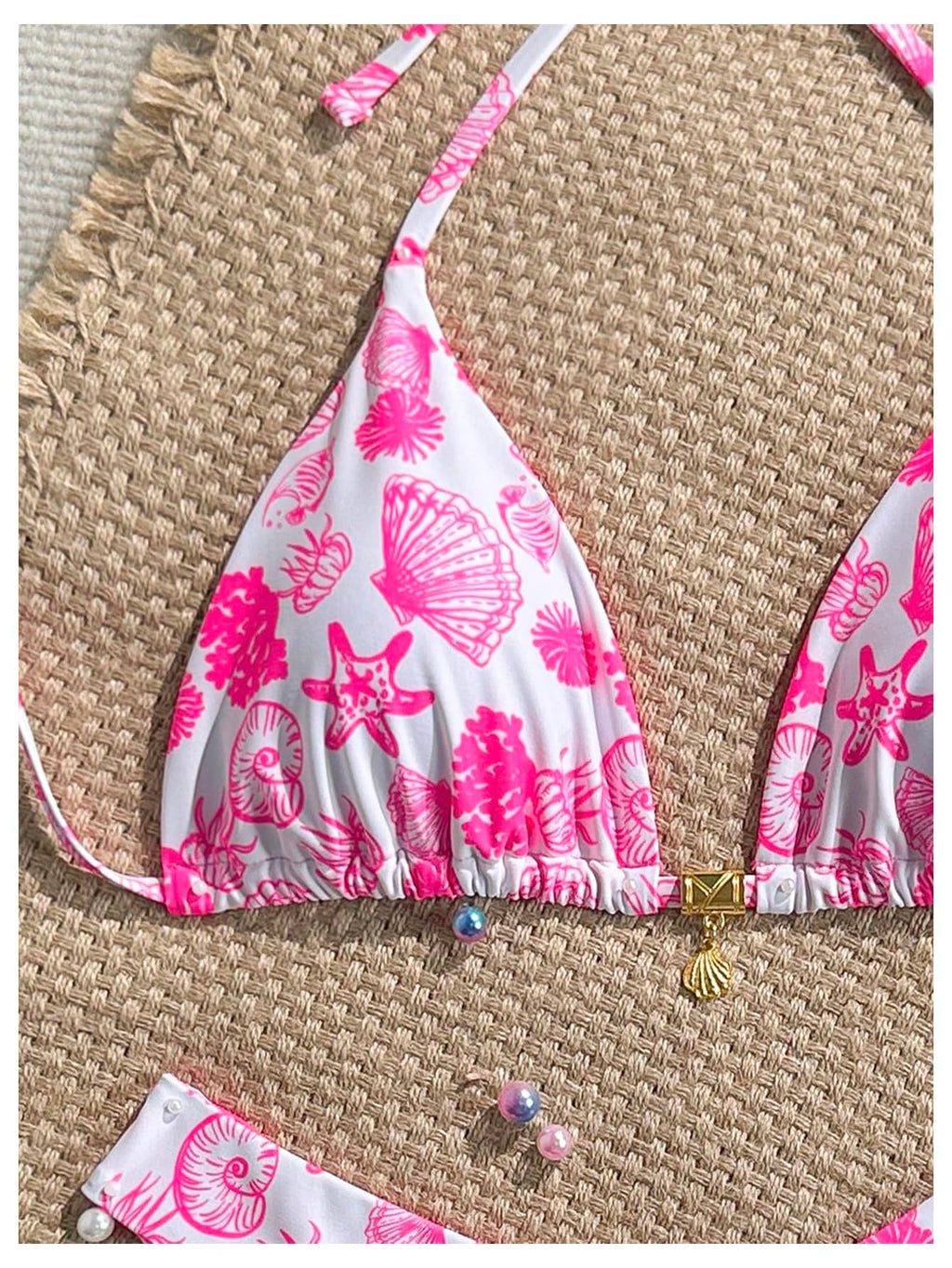 WDIRARA Women's 2 Piece Bikini Set Seashell Halter Triangle String Swimsuit High Cut Bathing Suit Pink X-Small