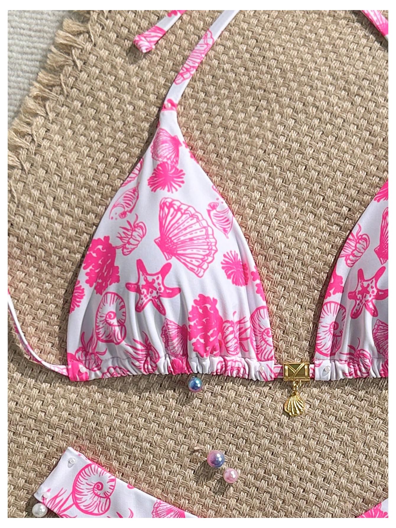 WDIRARA Women's 2 Piece Bikini Set Seashell Halter Triangle String Swimsuit High Cut Bathing Suit Pink X-Small