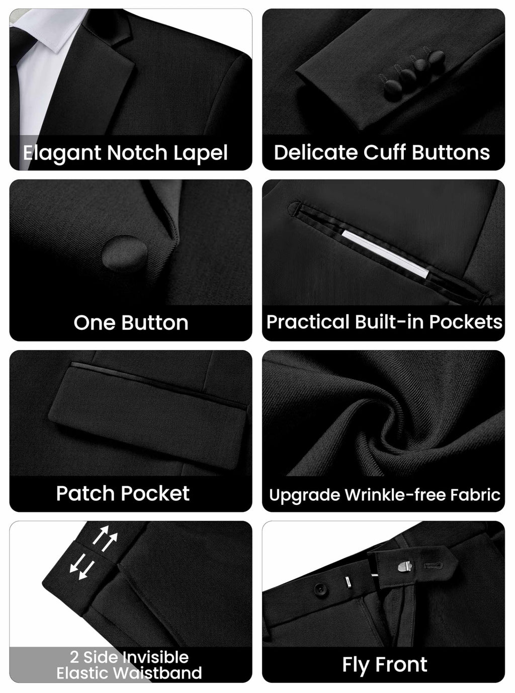 WULFUL Men's 2 Piece Slim Fit Suit Set One Button Blazer Jacket Pants Tuxedo Set for Prom, Wedding and Business Black