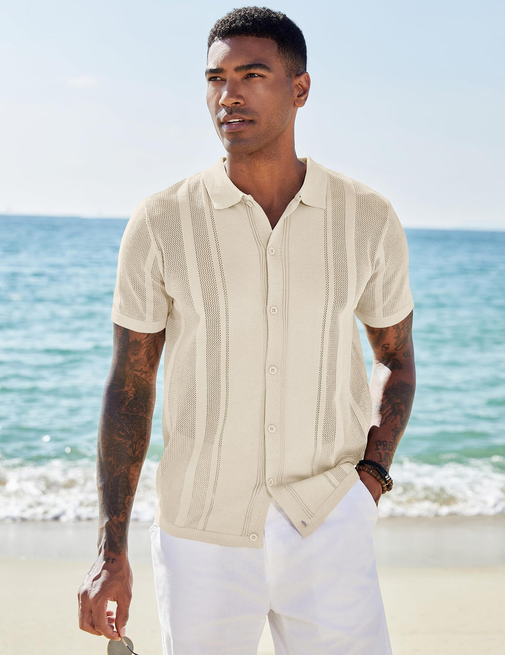 COOFANDY Men's Short Sleeve Knit Shirt Casual Button Down Shirt Vintage Knitted Polo Golf Beach Tops Light Khaki