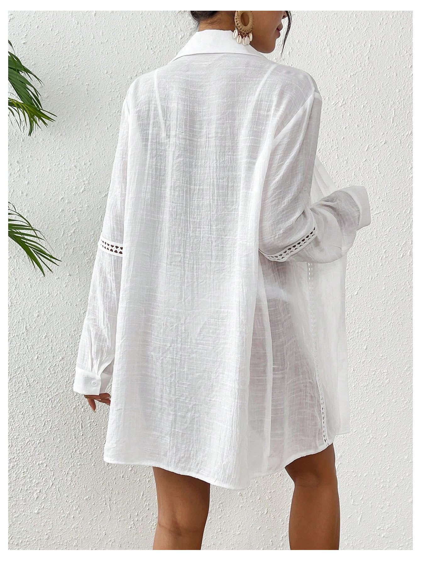 WDIRARA Women's Swim Cover Up Long Sleeve Button Down Kimono Beach Shirts Coverups White Small