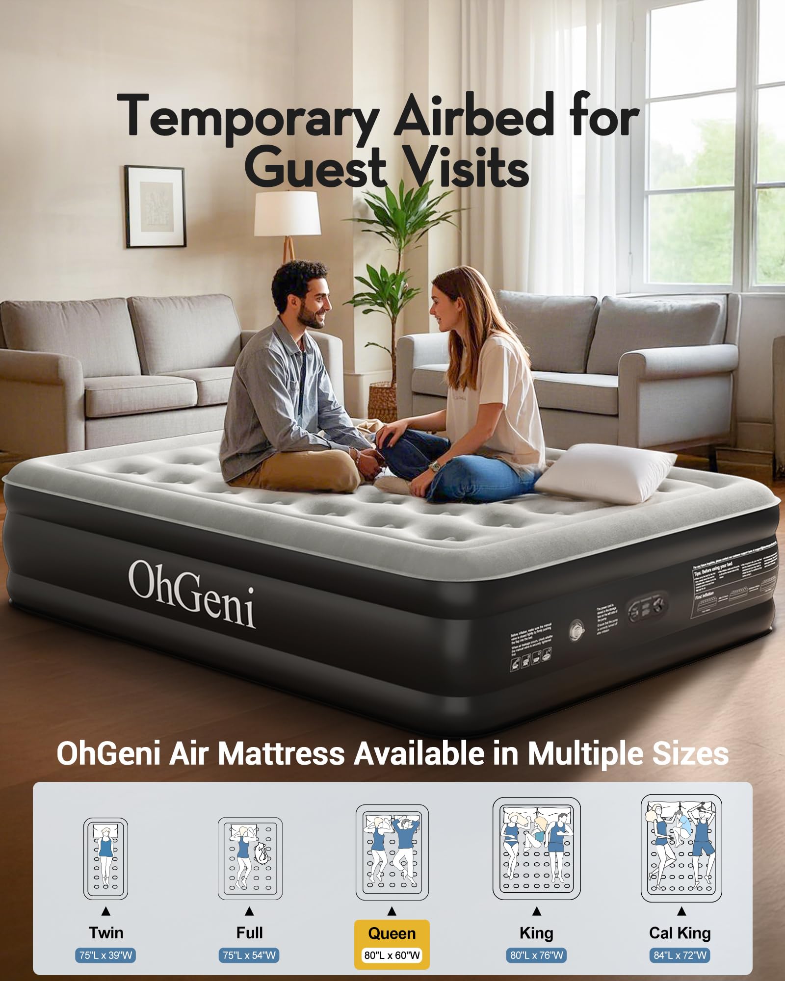 OhGeni Queen Air Mattress with Built in Pump, Inflatable Mattress Blow Up Mattress 18 Raised Comfort,Upgraded Surface Portable Bed, Air Bed for Home, Guest, Camping, Colchone Inflable, 650 lbs