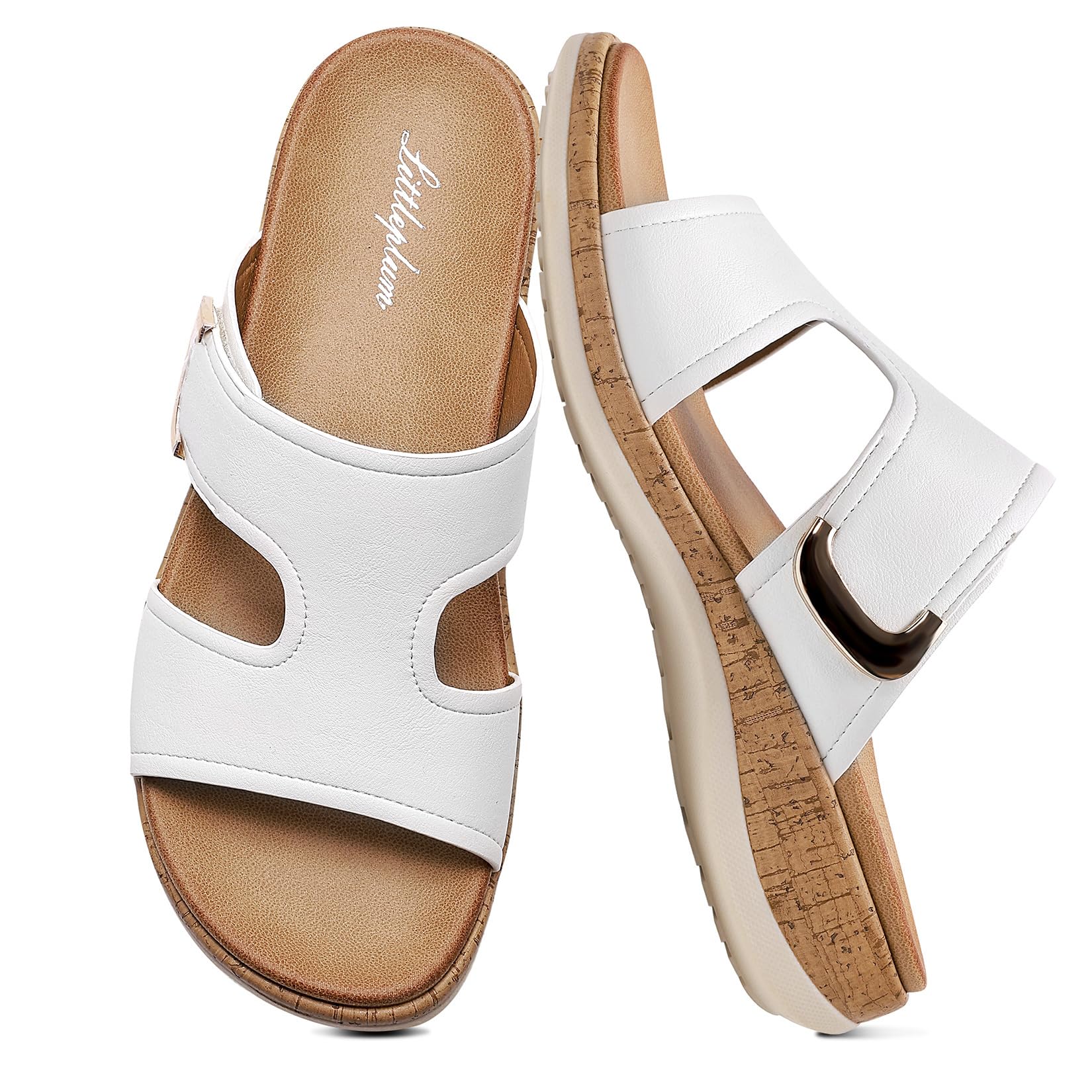 Littleplum Womens Sandals Arch Support Slides – Comfortable Flat Sandals for Women, Summer Breathable Flip-flops Walking Shoes for Beach,Travel White Size 9.5