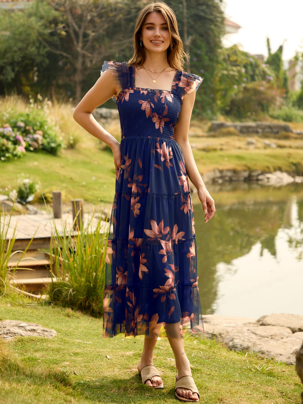 ANRABESS Women Summer Floral Midi Dress Sleeveless Boho Flowy Smocked RuffleTulle Beach Vacation Wedding Guest Party Dresses Large