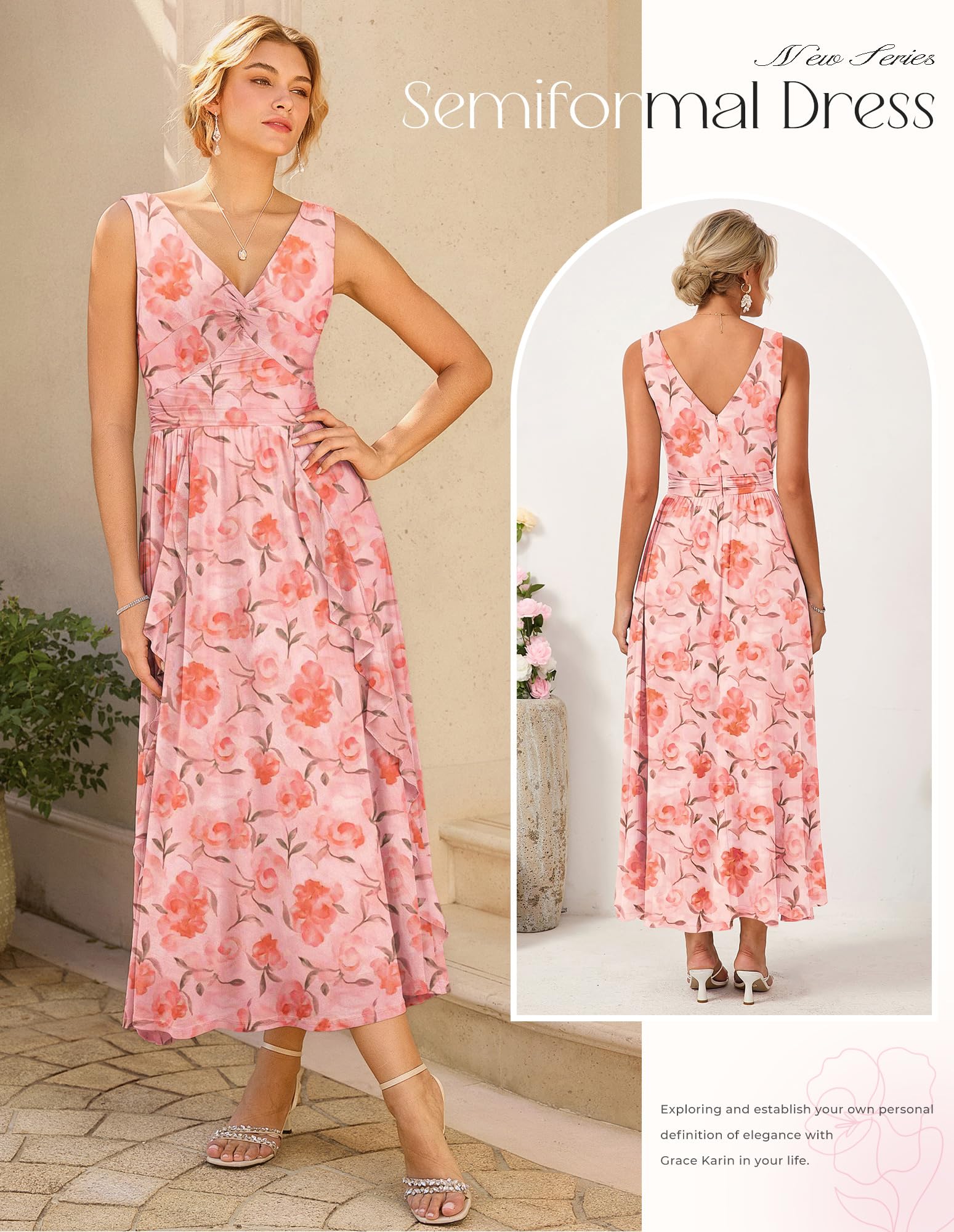 GRACE KARIN Women's Summer Sleeveless Floral Maxi Dress V Neck Formal Wedding Guest Dress A Line Beach Vacation Clothes Orange Floral L
