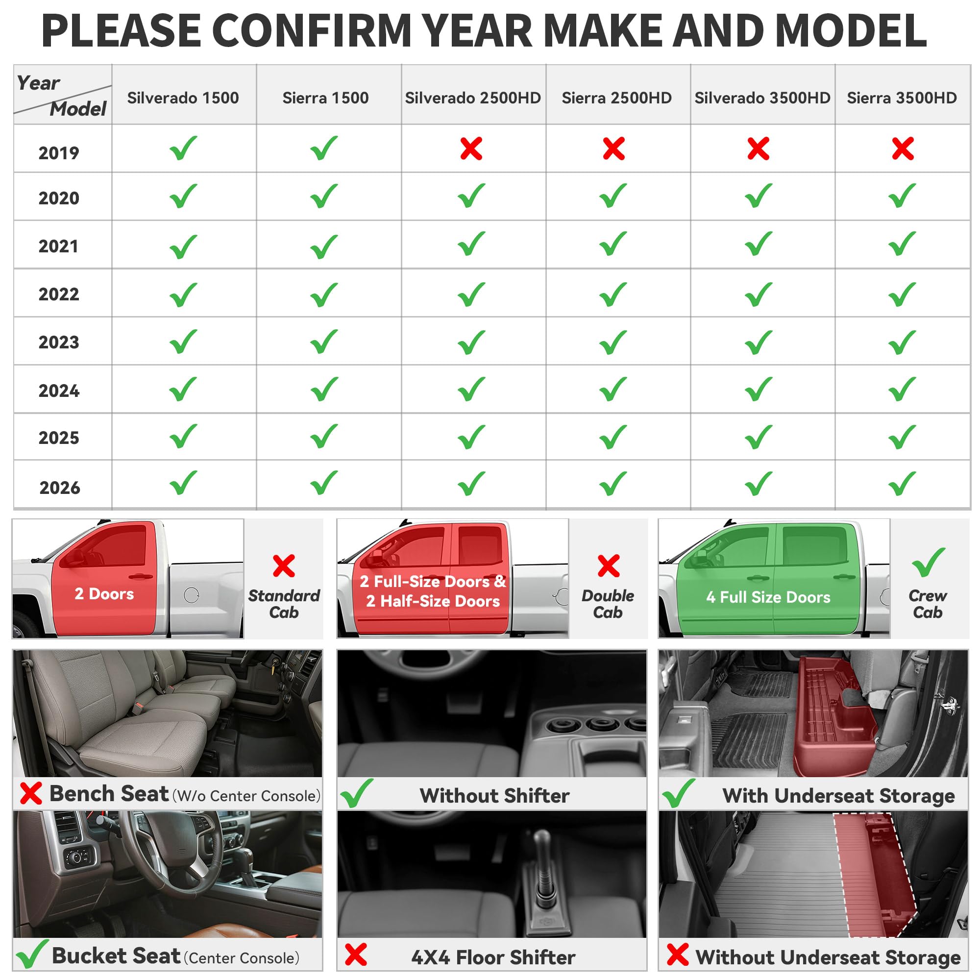 YITAMOTOR Floor Mats for 2019-2026 Chevrolet Silverado/GMC Sierra 1500 & 2020-2026 Chevy Silverado/GMC Sierra 2500HD/3500HD Crew Cab With Underseat Storage Box Bucket Seat, 1st & 2nd Row, Black