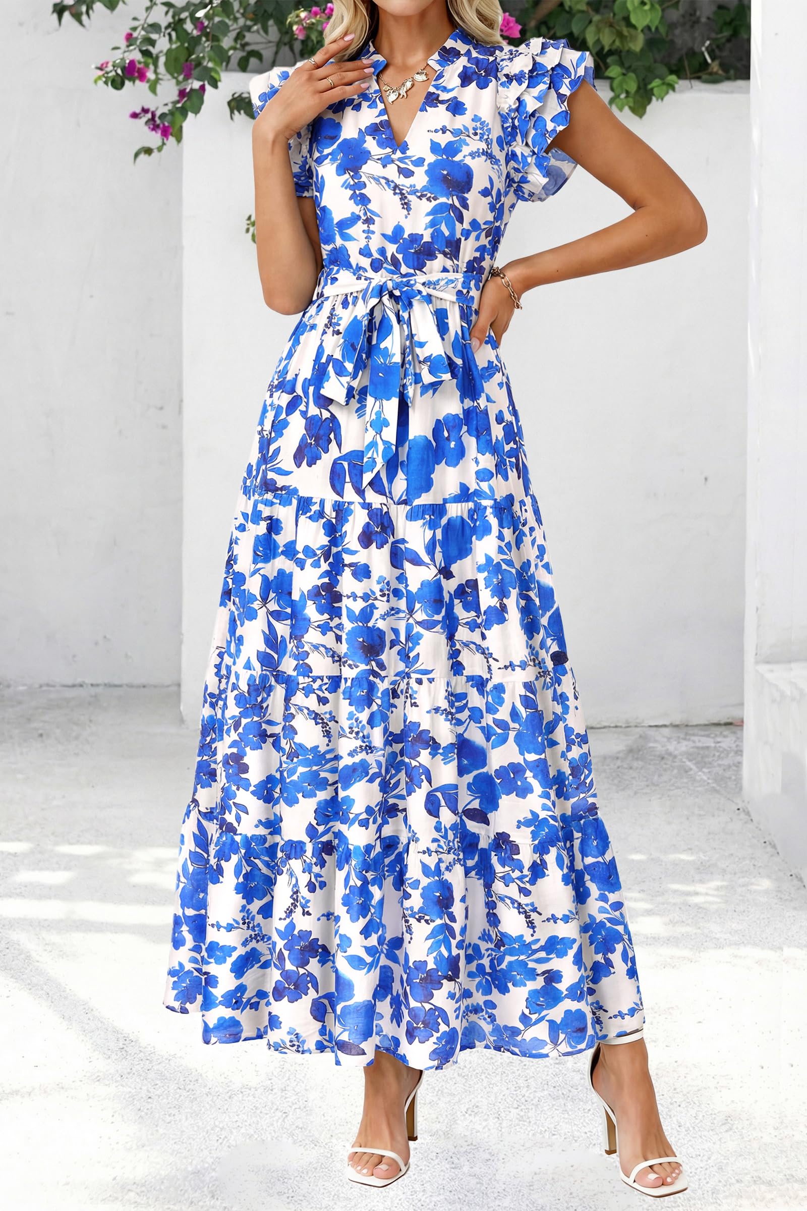 dowerme Women Summer Maxi Dresses 2026 Ruffle Sleeve V Neck Floral Boho Long Dress Belted Tiered Sundress with Pockets(White Blue Flower,Medium)