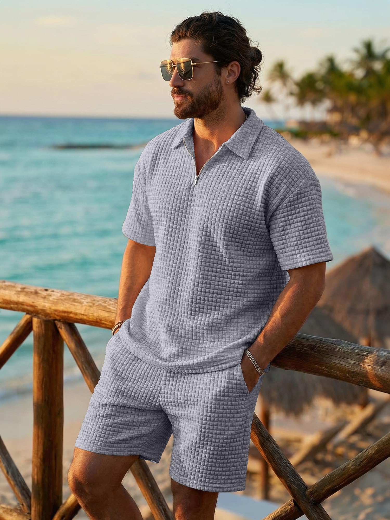 JMIERR Men's Casual Summer Set Textured Short Sleeve Shirt and Shorts 2 Piece Beach Outfit, Light Grey, M