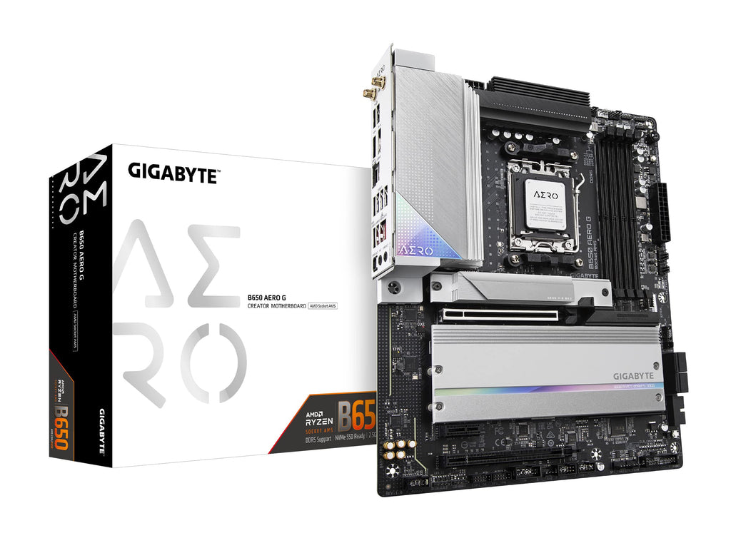 GIGABYTE B650 AERO G AMD AM5 ATX Motherboard, Support Ryzen 9000/8000/7000 Series, DDR5, Twin 16 Power Phase, DDR5, PCIe 5.0 M.2, USB-C 3.2 Gen 2, WIFI6E, 2.5GbE, EZ-Latch, Q-Flash, VisionLINK