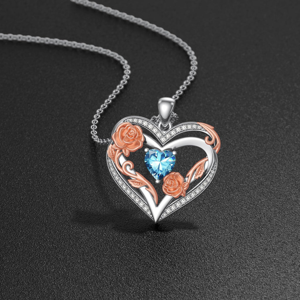 OKROKTOT Blue Topaz Necklace for Women Heart December Birthstone Pendant Rose Heart Jewelry Birthday Anniversary Christmas Mother's Day Jewelry Gift for Mom Wife Sister Daughter Girlfriend