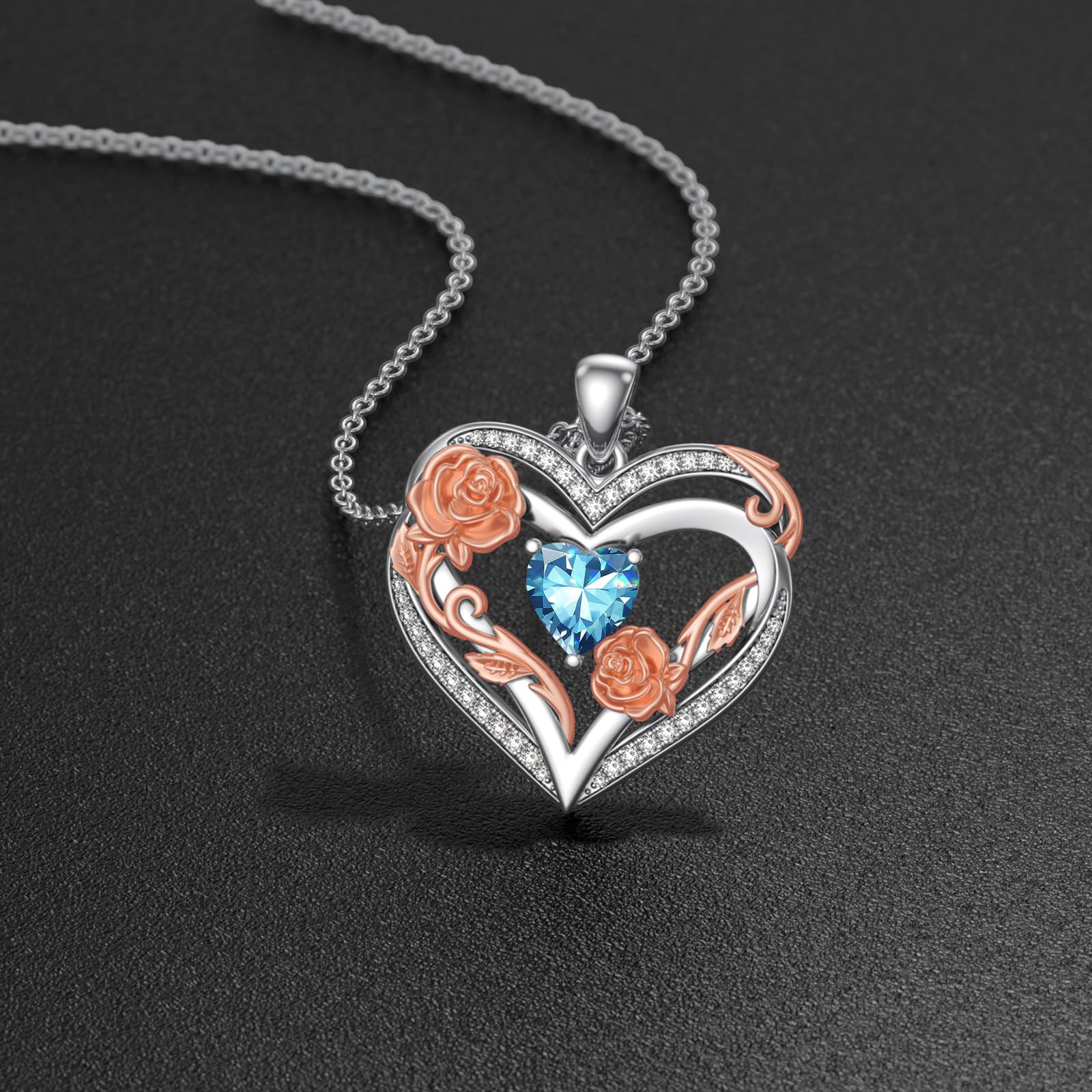 OKROKTOT Blue Topaz Necklace for Women Heart December Birthstone Pendant Rose Heart Jewelry Birthday Anniversary Christmas Mother's Day Jewelry Gift for Mom Wife Sister Daughter Girlfriend