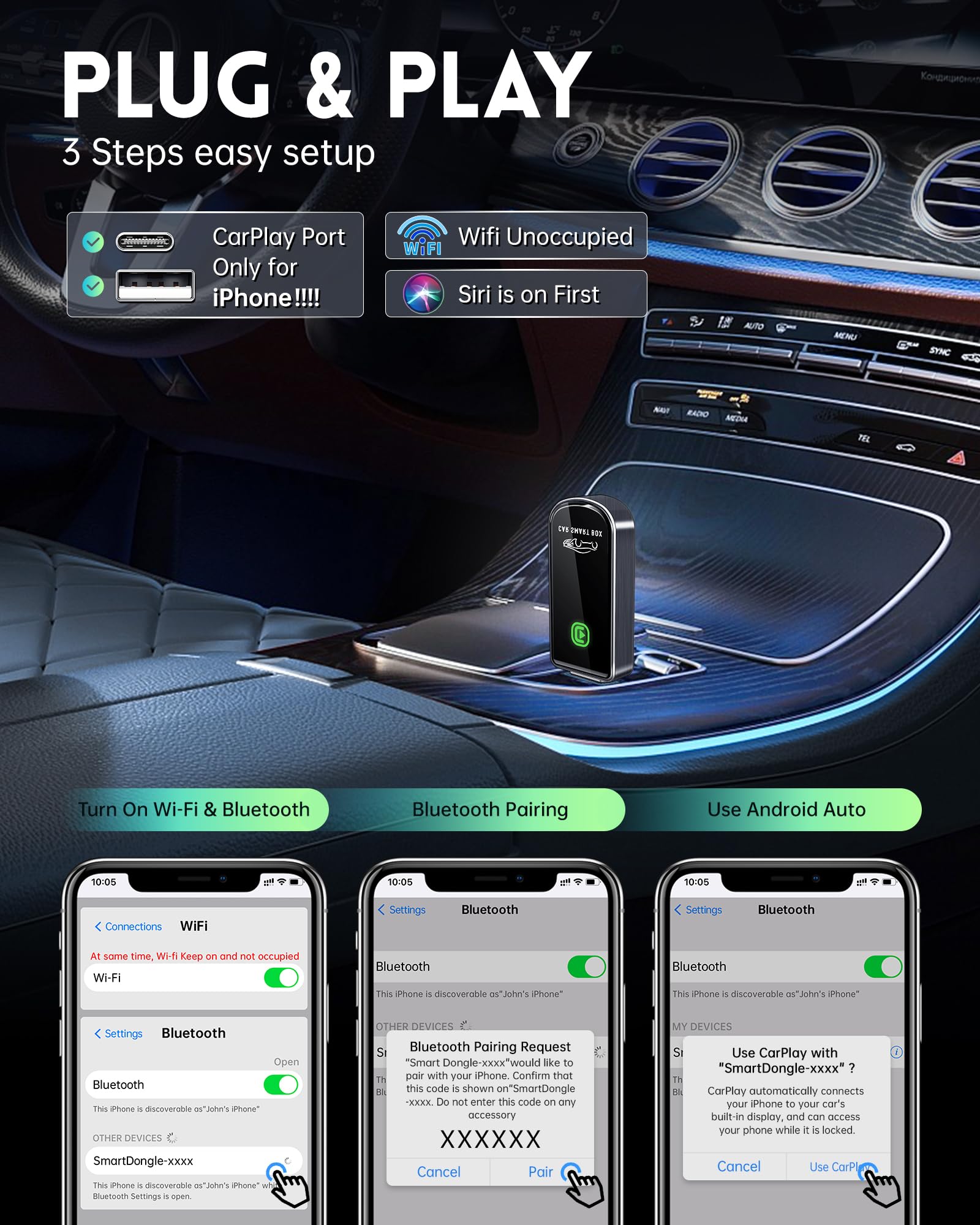 Amzfeel Wireless CarPlay Adapter for Apple iPhone iOS 10+ & Cars from 2015+, Mini Edition, Converts Factory Wired to Wireless CarPlay Dongle Plug & Play (Brushed Cobalt Blue)
