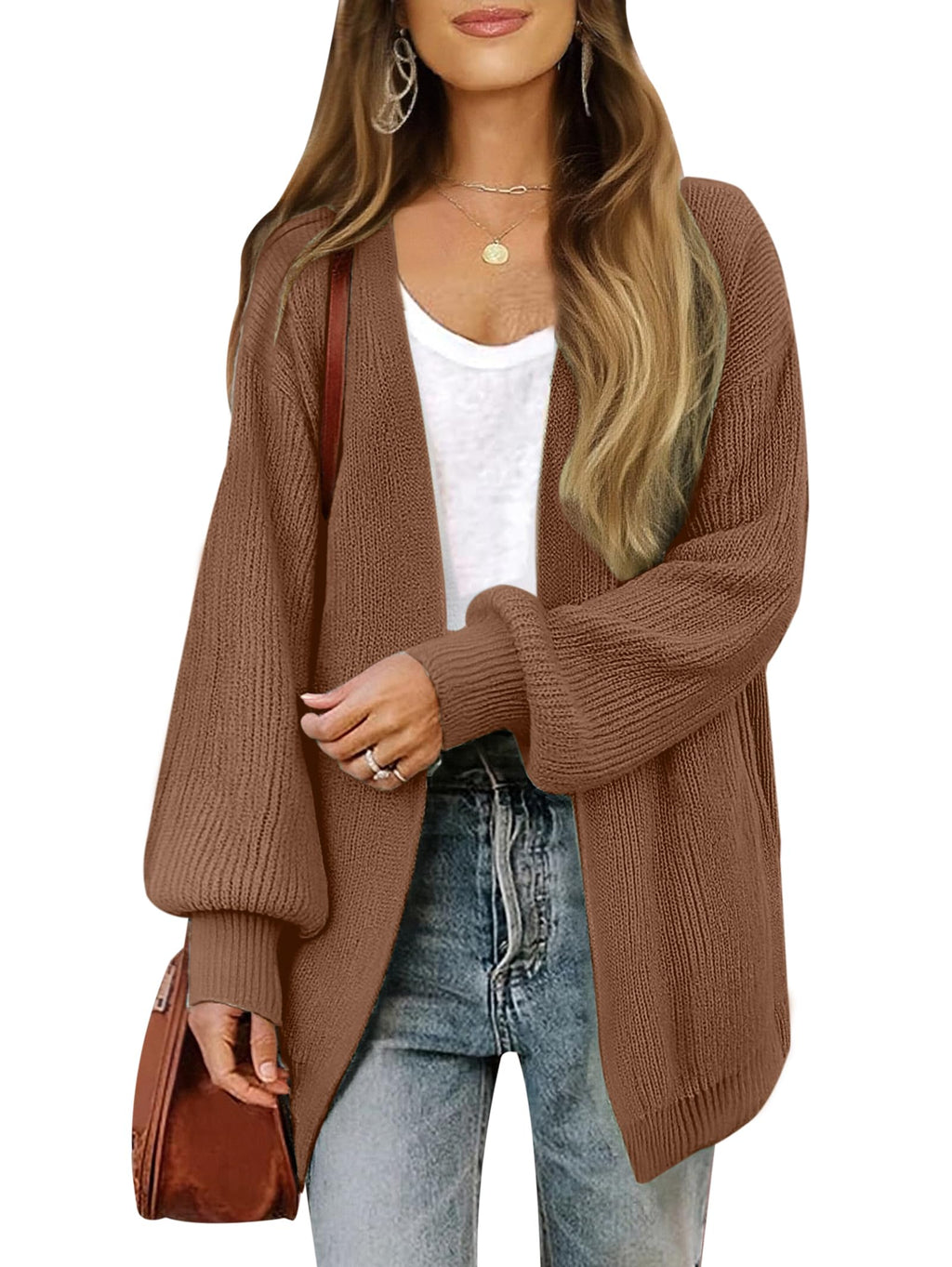 Libsorge Womens Long Cardigan Sweaters for Women Fall Winter Spring 2025 Trendy Outfits Chunky Waffle Knit Oversized Open Front Dressy Casual Lightweight Long Sleeve Cardigans Sweater Coffee Brown S