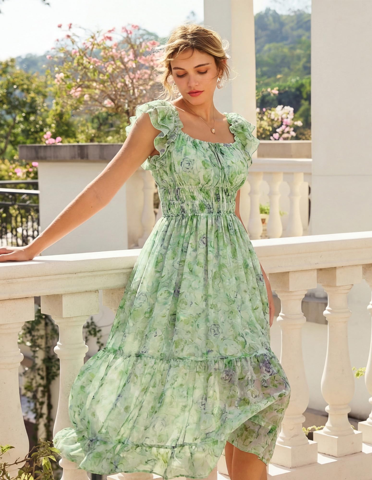 GRACE KARIN 2026 Women's Spring Floral Midi Dress Beach Wedding Guest Dresses Flowy A Line Casual Summer Clothes Green XL