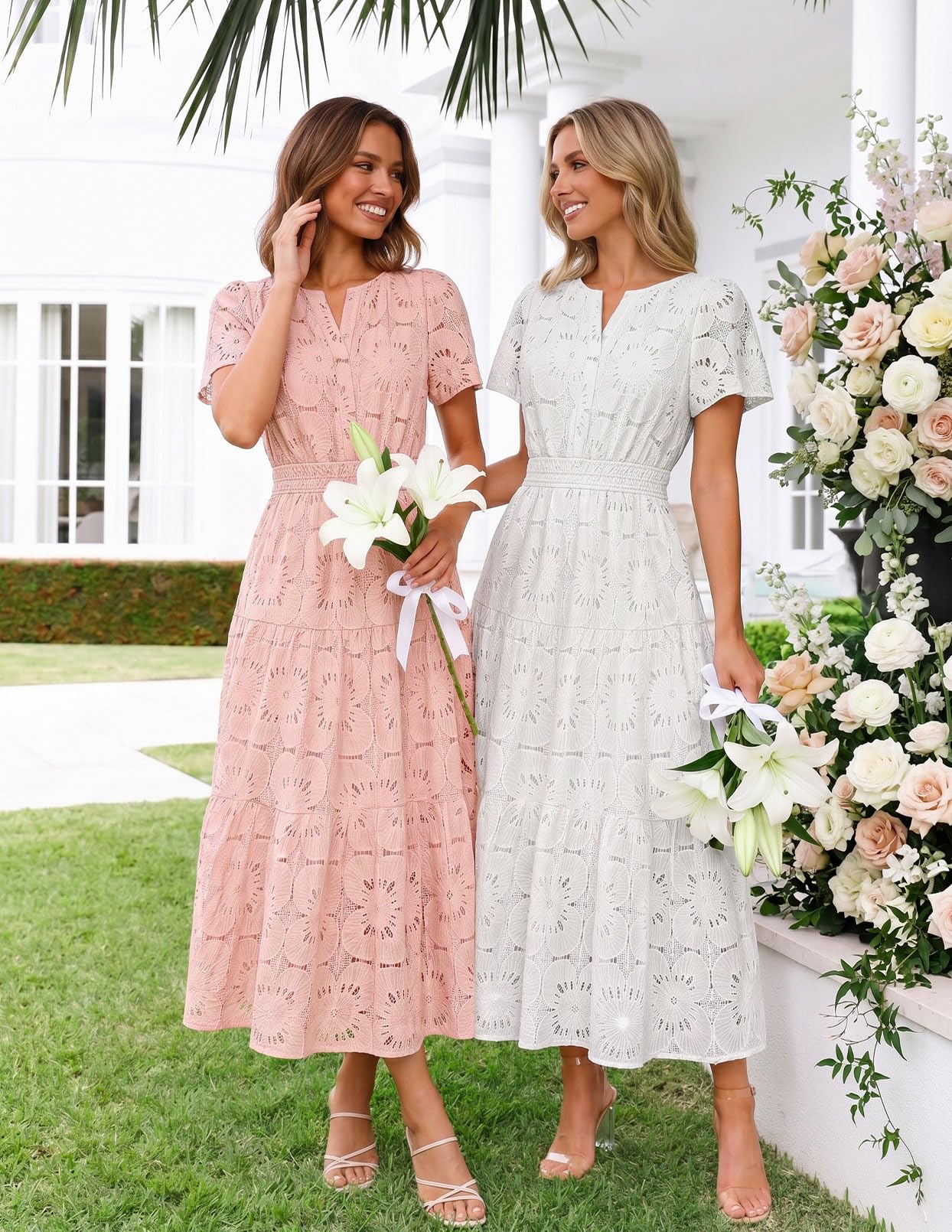 MEROKEETY Women's Summer Floral Maxi Dress 2026 Spring Boho Vacation Eyelet Lace Short Sleeve A Line Tiered Flowy Dresses, White, Medium