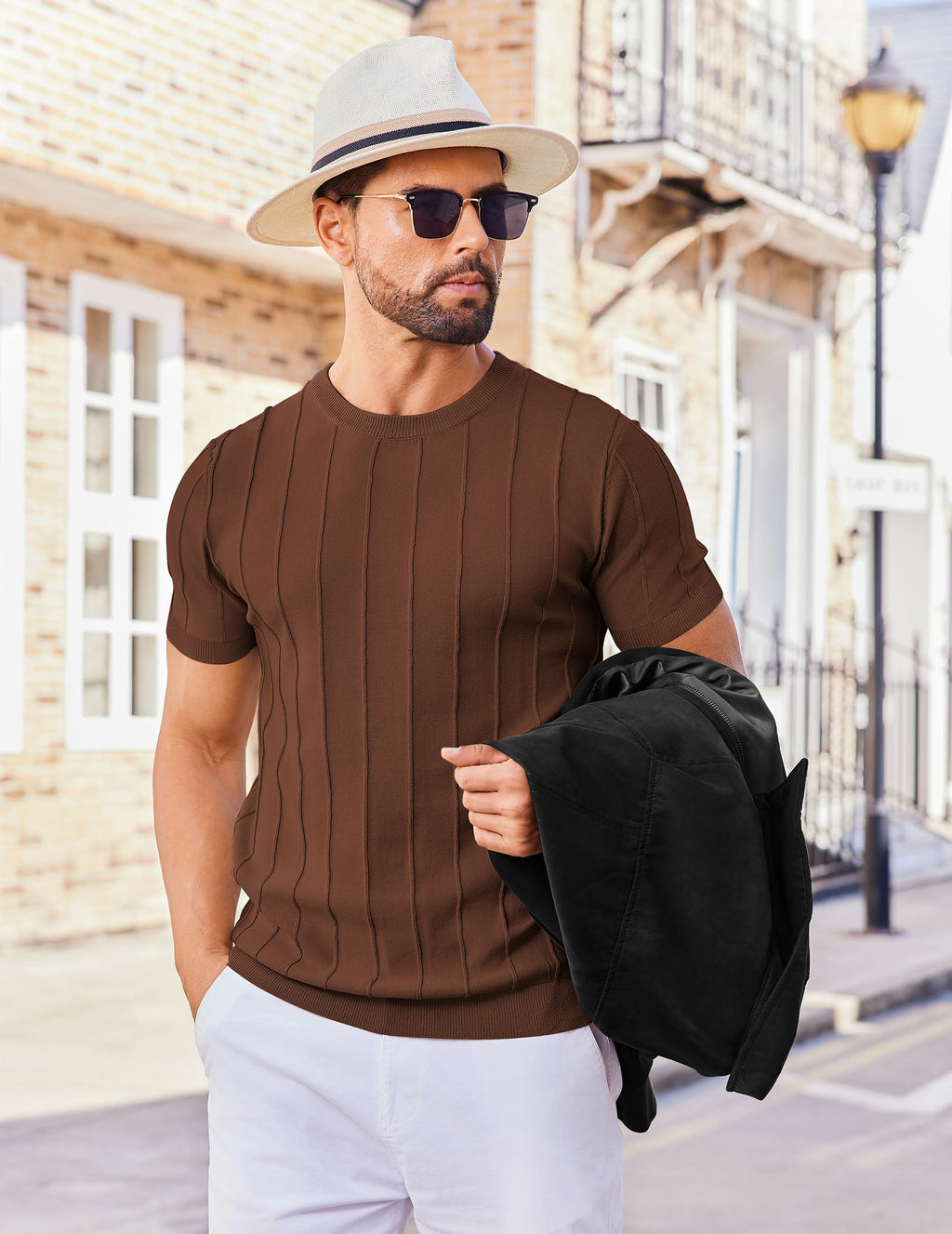 COOFANDY Mens T Shirts Summer Casual Short Sleeve Knitted Shirts Solid Crewneck Sweater Shirts Under Balzer Shirt Brown