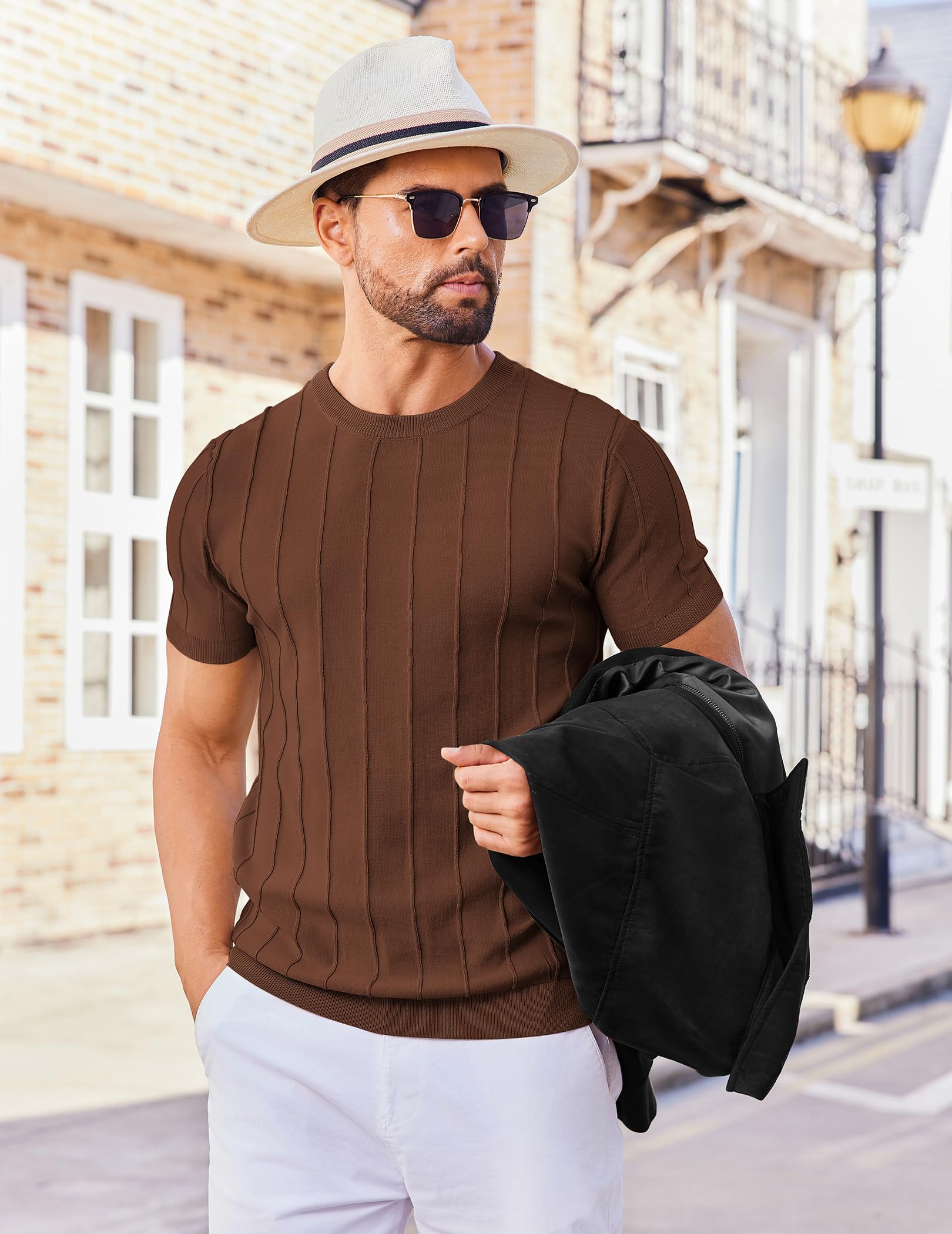 COOFANDY Mens T Shirts Summer Casual Short Sleeve Knitted Shirts Solid Crewneck Sweater Shirts Under Balzer Shirt Brown