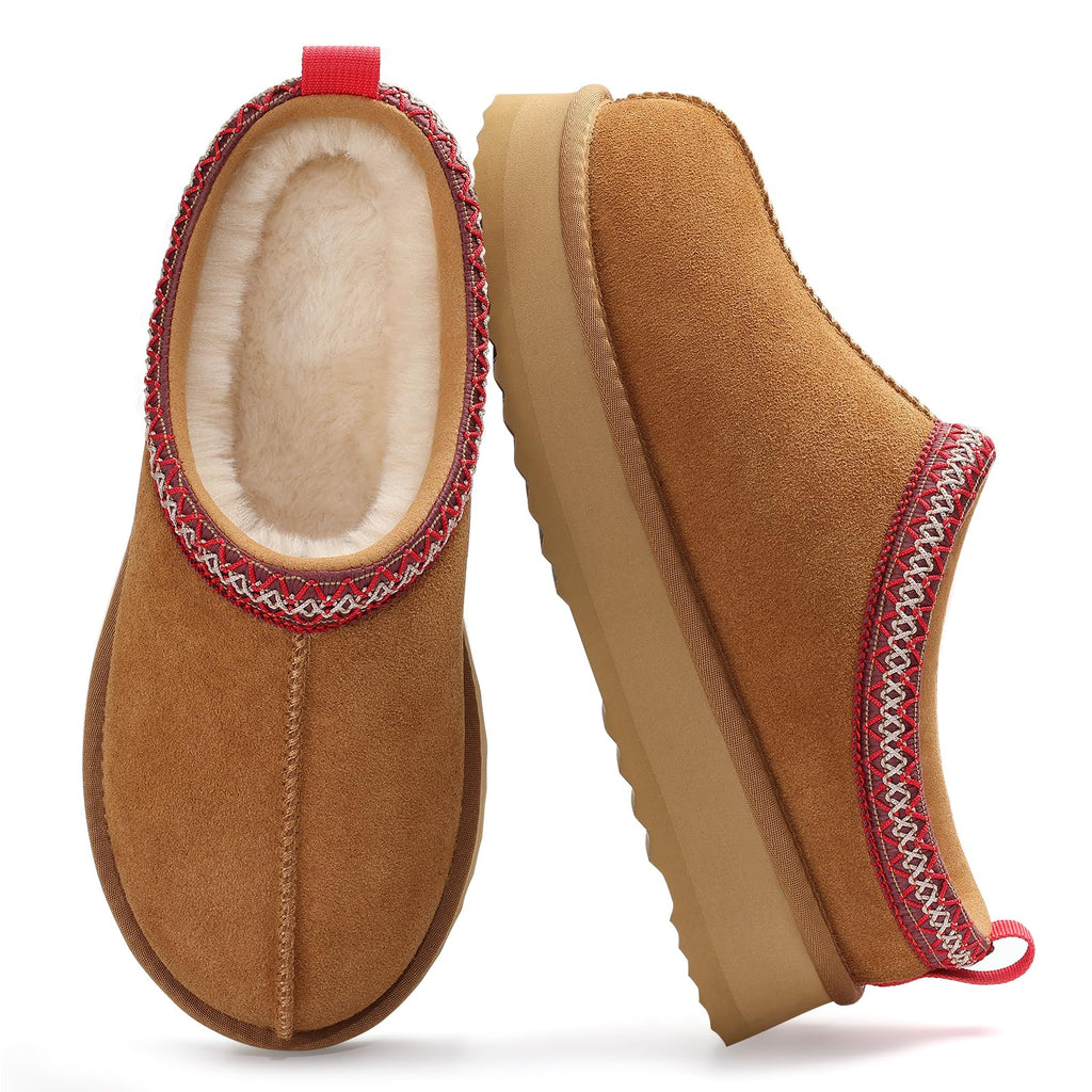 KIDMI Genuine Suede Platform Slippers for Women Fuzzy Winter Warm Shoes Indoor Outdoor, Chestnut 39