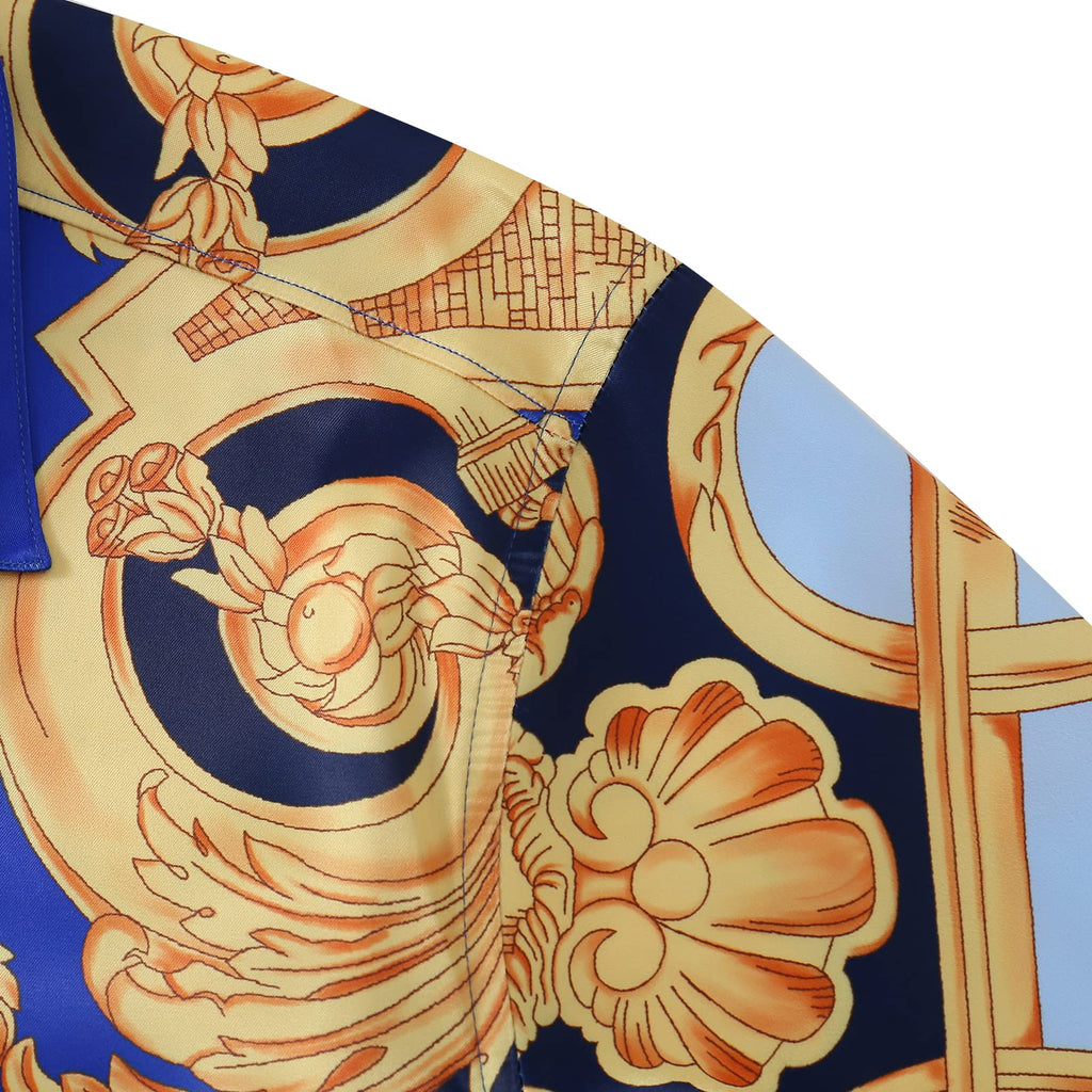 GSBOGOSSE Men Gold Fashion Luxury Printed Satin Long Sleeve Button-Down Shirts Flashy Retro Gorgeous Design Party Gift Shirt