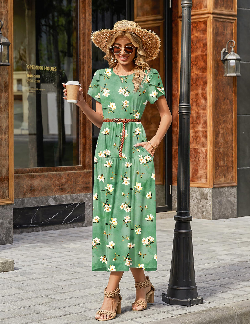 Zeagoo Green Dress for Women Casual Loose Bohemian Floral Dress A Line Flowy Maxi Dress Green Floral M