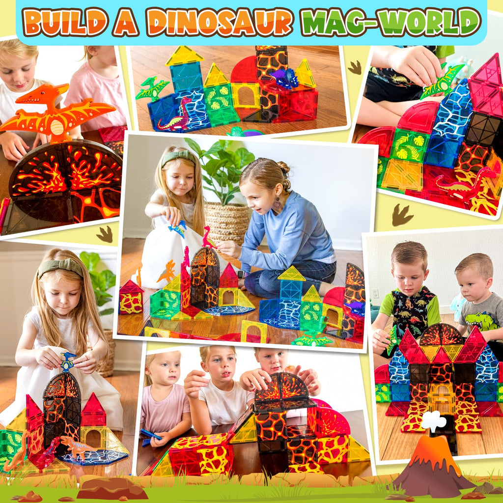 Coodoo Dinosaur Toys Magnetic Tiles Lava Dinosaur World Set - Magnetic Blocks Building for Kids 3-5 5-7 Girls Boys Toy Age 4-6 6-8, Classroom Must Haves Toddler Sensory for 3+ Year Old Kids Toys