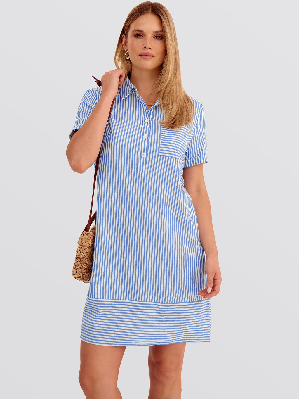 ANRABESS Womens Summer Shirt Dresses Casual Short Sleeve Button Tshirt Shift Short Polo Dress 2026 Beach Vacation Clothes Blue White Stripe Small