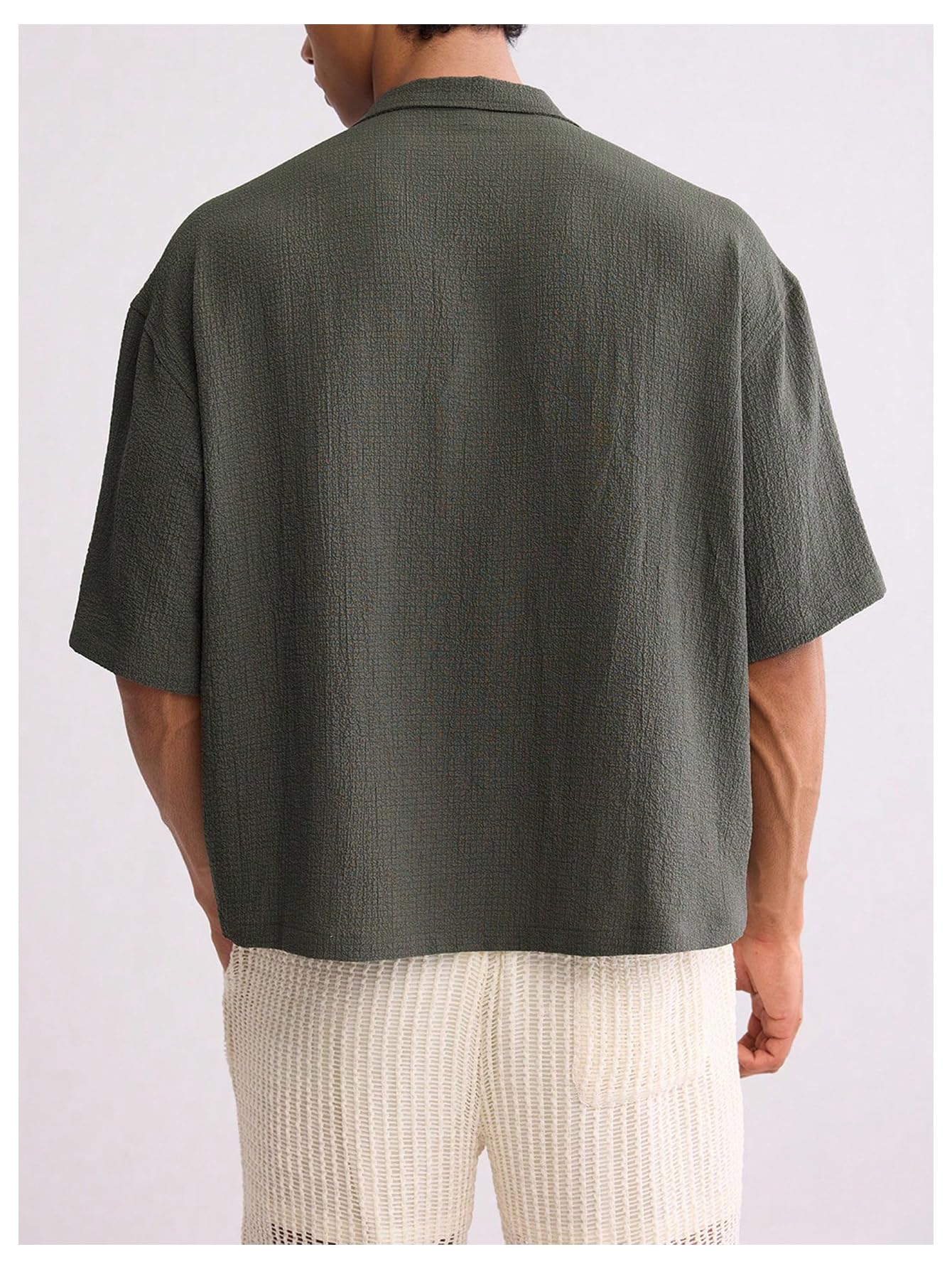 OYOANGLE Men's Oversized Cropped Button Down Shirts Casual Short Sleeve Solid Loose Shirts Army Green Small