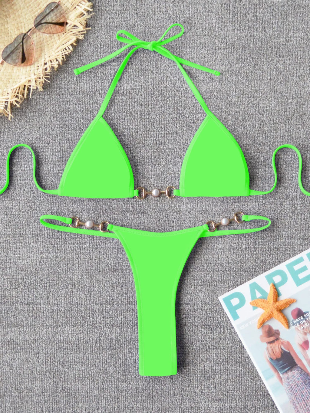 TASHEHE Women's Triangle Thong Bikini Set Sexy Brazillian Two Piece Swimsuit String Bathing Suit - Neon Green - Small