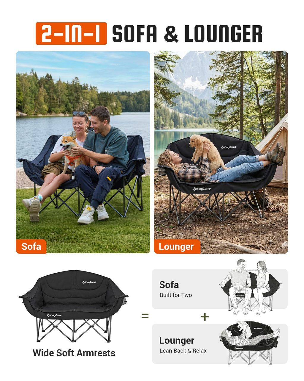 KingCamp Double Camping Chair, Oversized Heavy Duty 660lbs Loveseat for Adults Portable Folding XL 2 Person Couch Padded Comfortable Two Seat with Cup Holder for Outdoor Lawn Backyard, Black