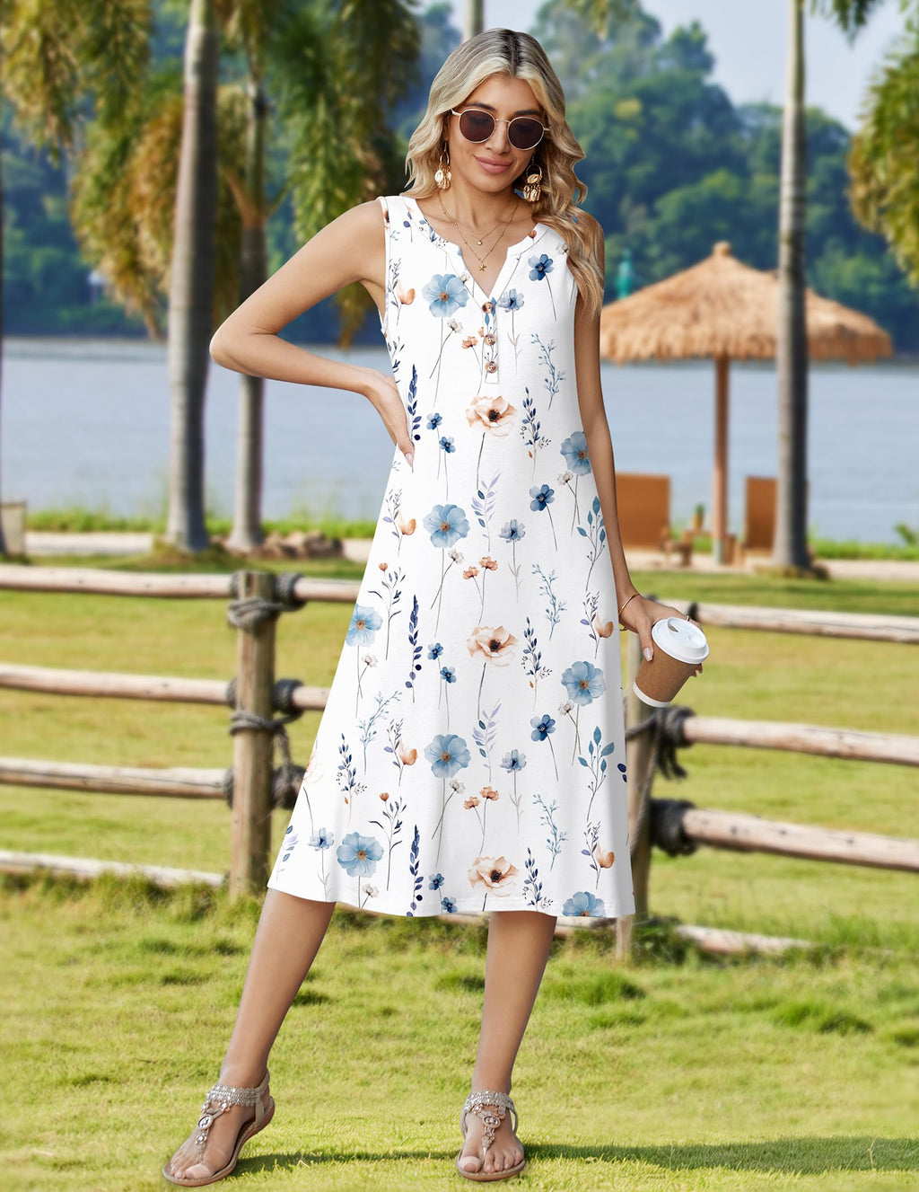 Zeagoo Summer Dresses for Women 2026 Aline Dress Sleeveless V Neck Tank Flowy Midi Summer Bohemian Resort Vacation Cruise Beach Cute Loose Trendy Dress with Pockets White Floral