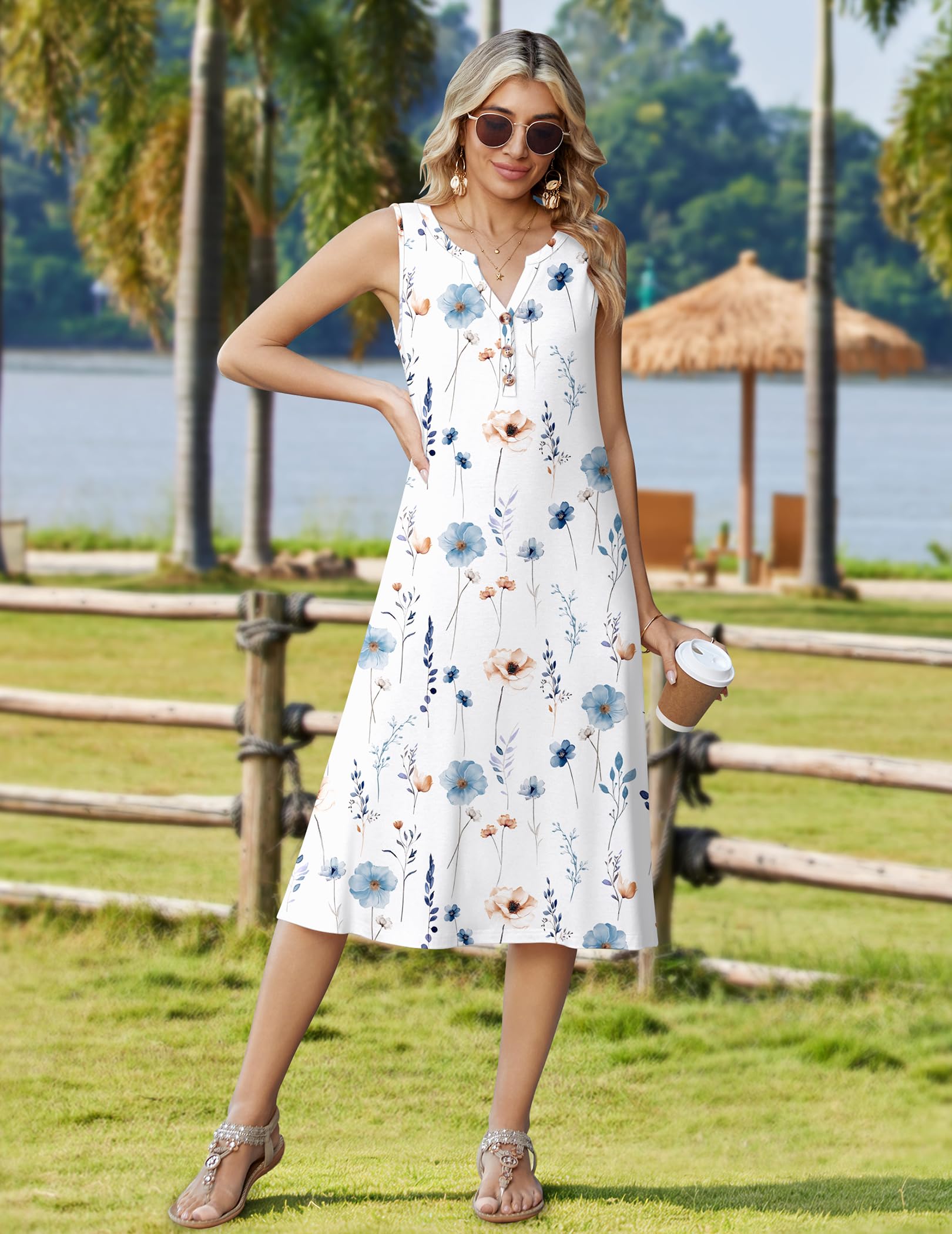Zeagoo Summer Dresses for Women 2026 Aline Dress Sleeveless V Neck Tank Flowy Midi Summer Bohemian Resort Vacation Cruise Beach Cute Loose Trendy Dress with Pockets White Floral