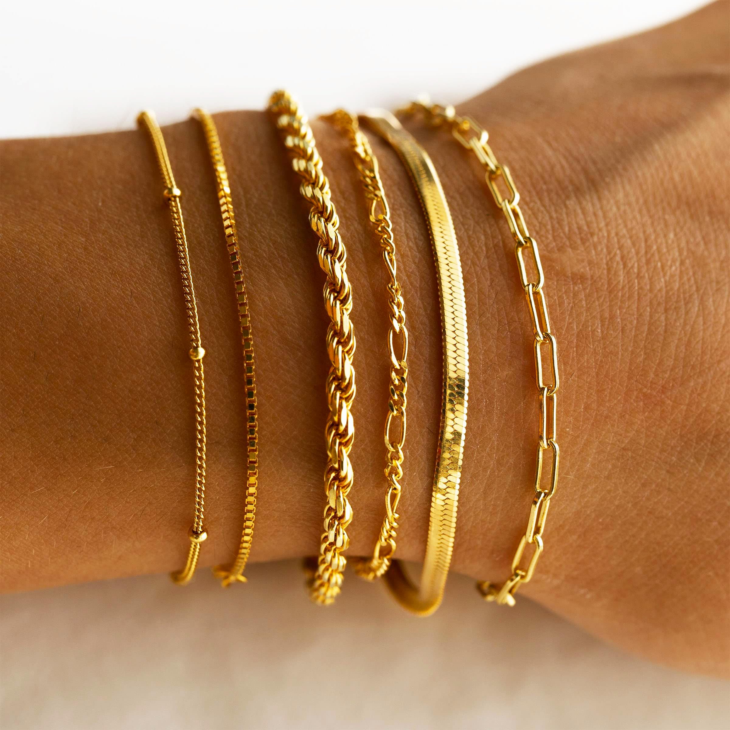 DEARMAY 14K Gold Plated Bracelets for Women Jewelry Sets Stack Trendy Dainty Stackable Paperclip Rope Snake Box Figaro Chain Bracelets Pack Costume Fashion Gifts