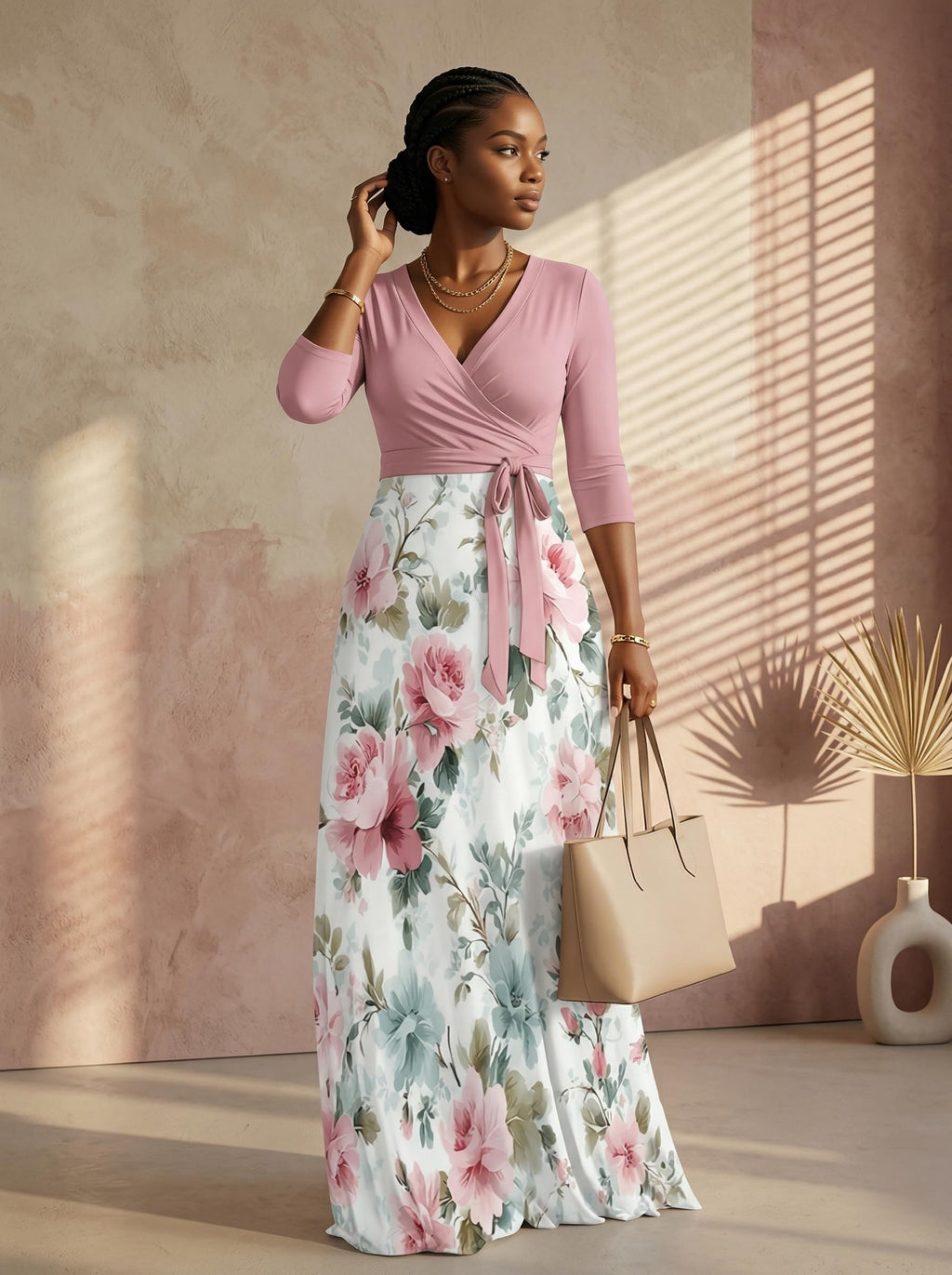 Maxi Dress for Women Elegant 3/4 Sleeve V Neck Ruffle Dress Wrap Tie Waist Sundress with Belt (A-Light Pink/Peony Floral L)