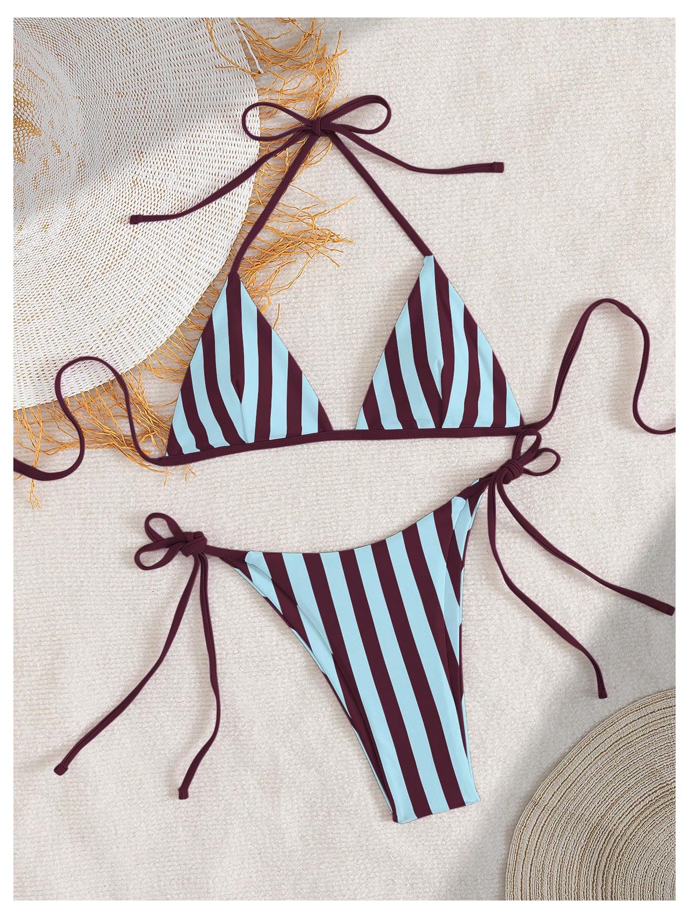 WDIRARA Women's Striped Halter Swimsuit Triangle String Bikini Sets Tie Side 2 Piece Bathing Suit Blue Small