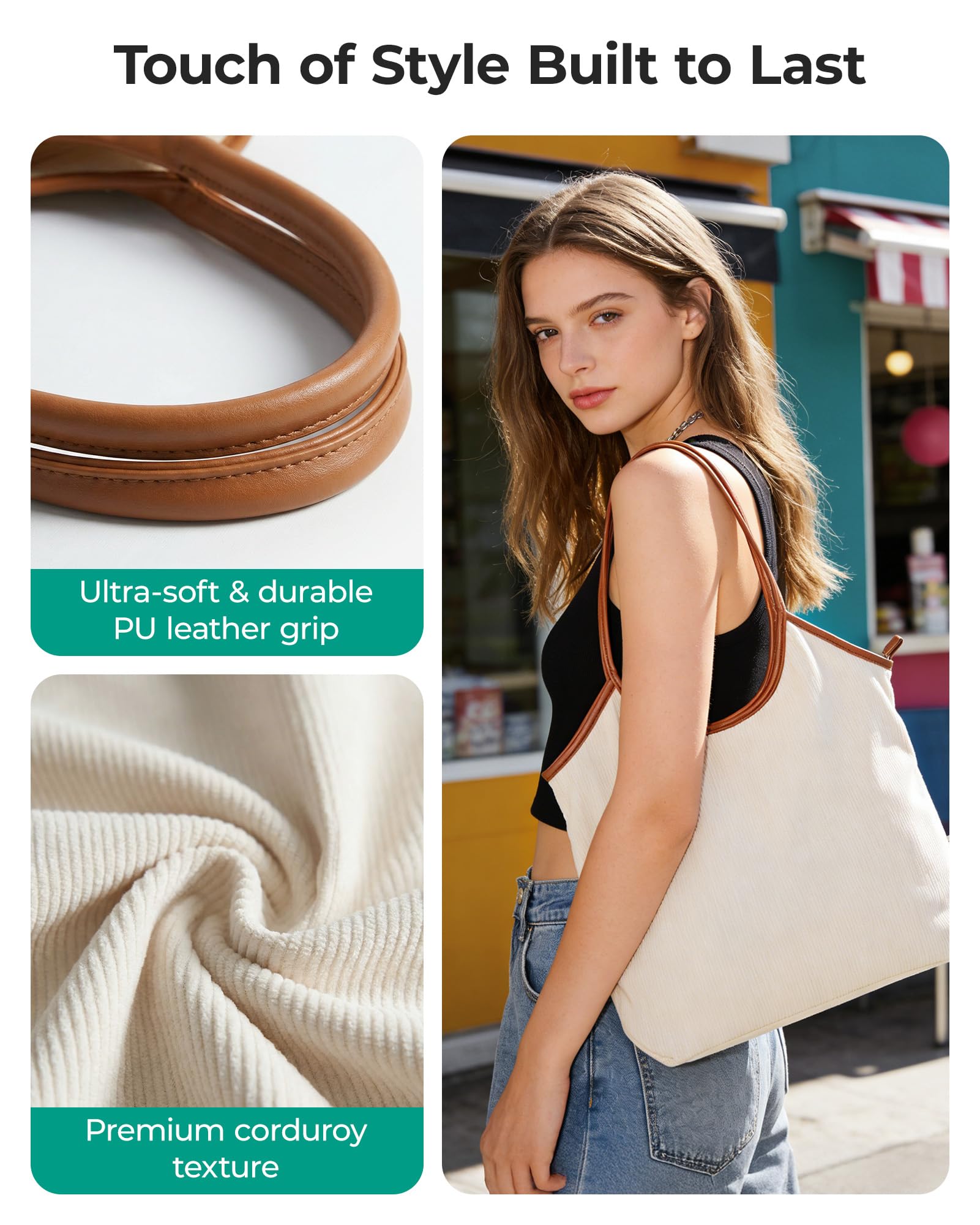 BAGSMRT Corduroy Tote Bag for Women Beach Bag with Zipper Casual Shoulder Bag Lightweight Travel Tote Hobo Handbag Light Beige