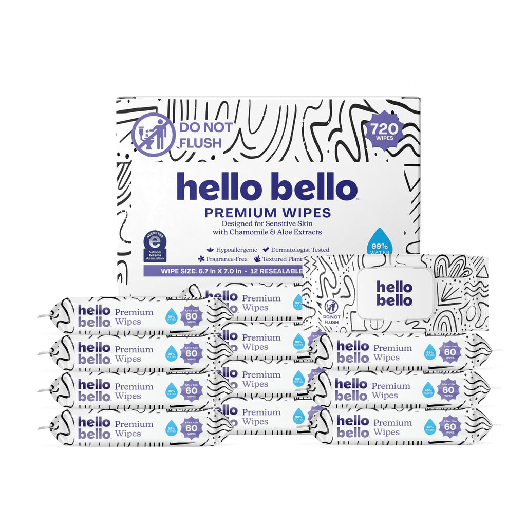 Hello Bello Premium Wipes, Designed for Sensitive Skin with Chamomile & Aloe Extracts, Playful Sketches (12 Resealable Packets = 720 Total Wipes)