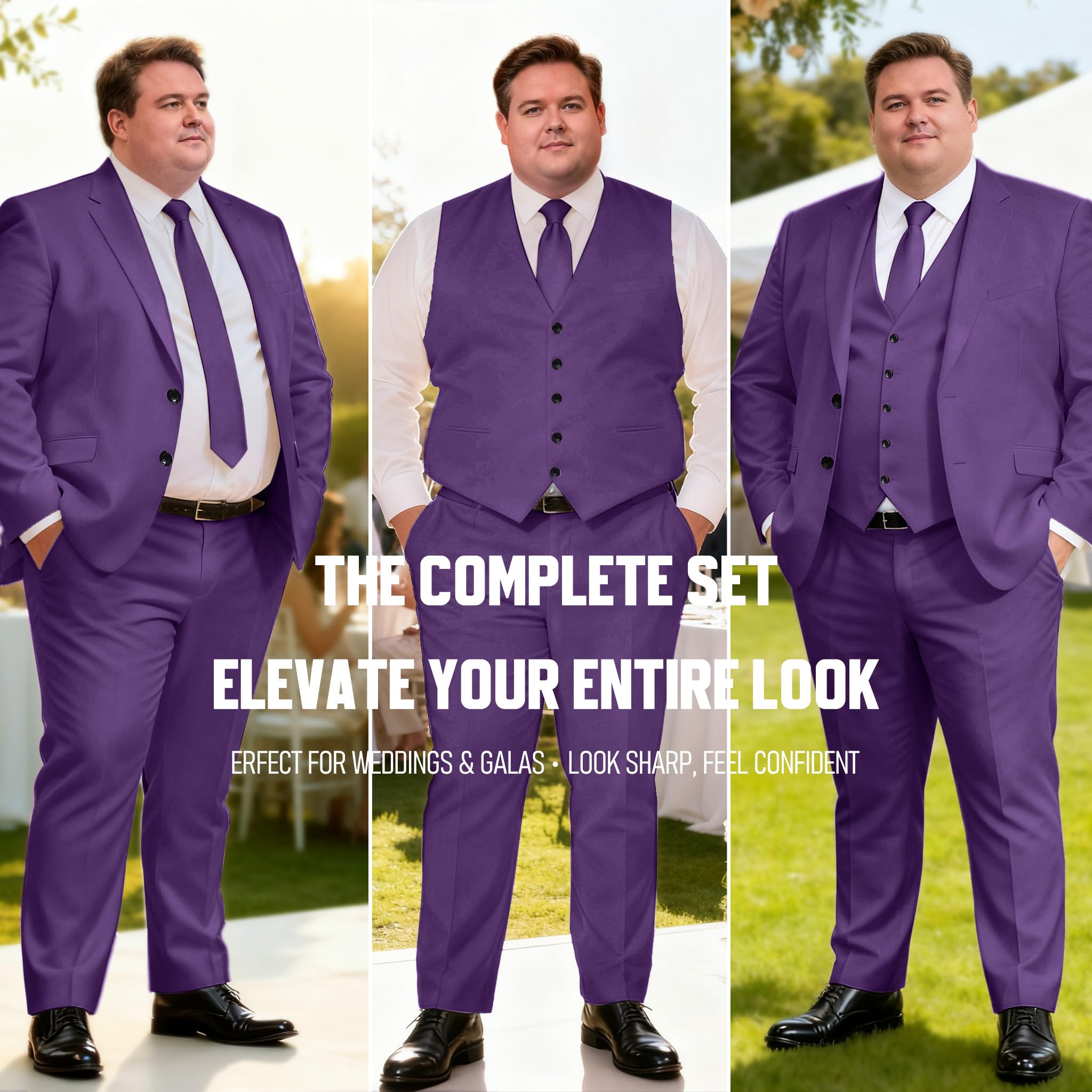 GATMSTZ 3 Piece Suits for Men Big and Tall Regular Fit Blazer Men Tuxedo Suit Set Classic Fit Jacket Vest Pants (Purple 60R)