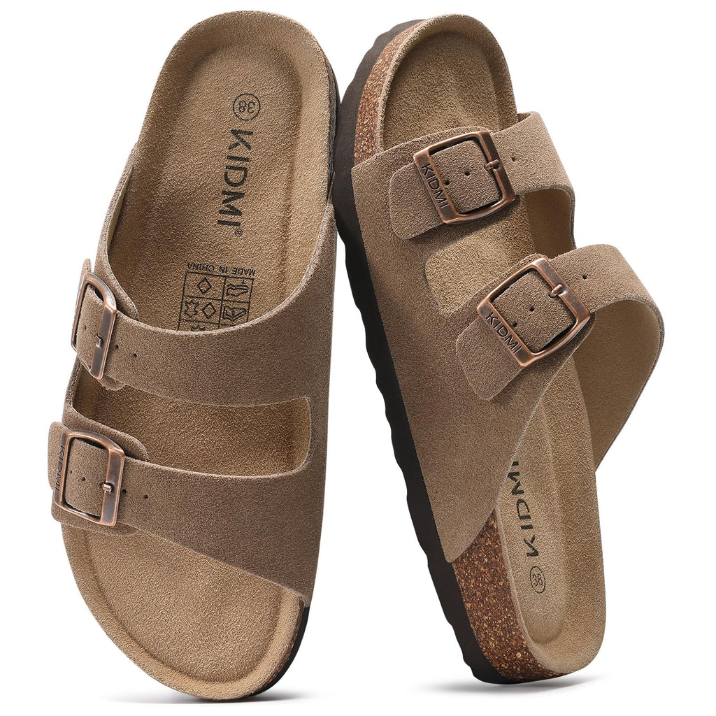 KIDMI Unisex Genuine Suede Summer Sandals Arch Support Cork Footbed Slide Sandals with Double Adjustable Buckle for Women Men, Mocha 39