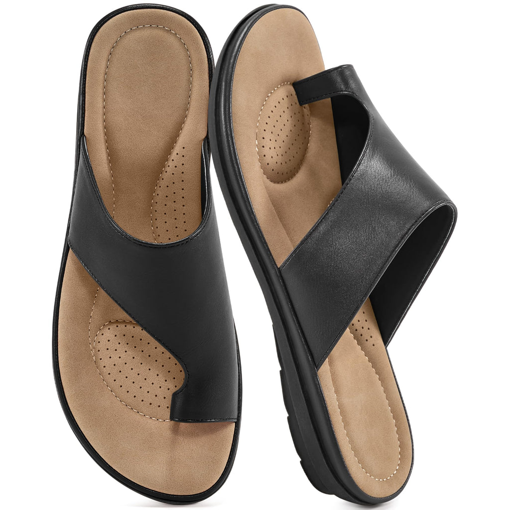 Reimferce Summer Flat Sandals for Women: Black 8 Comfortable Walking Dressy Slides for 2026 - Ladies Orthopedic Casual Shoes Indoor Outdoor