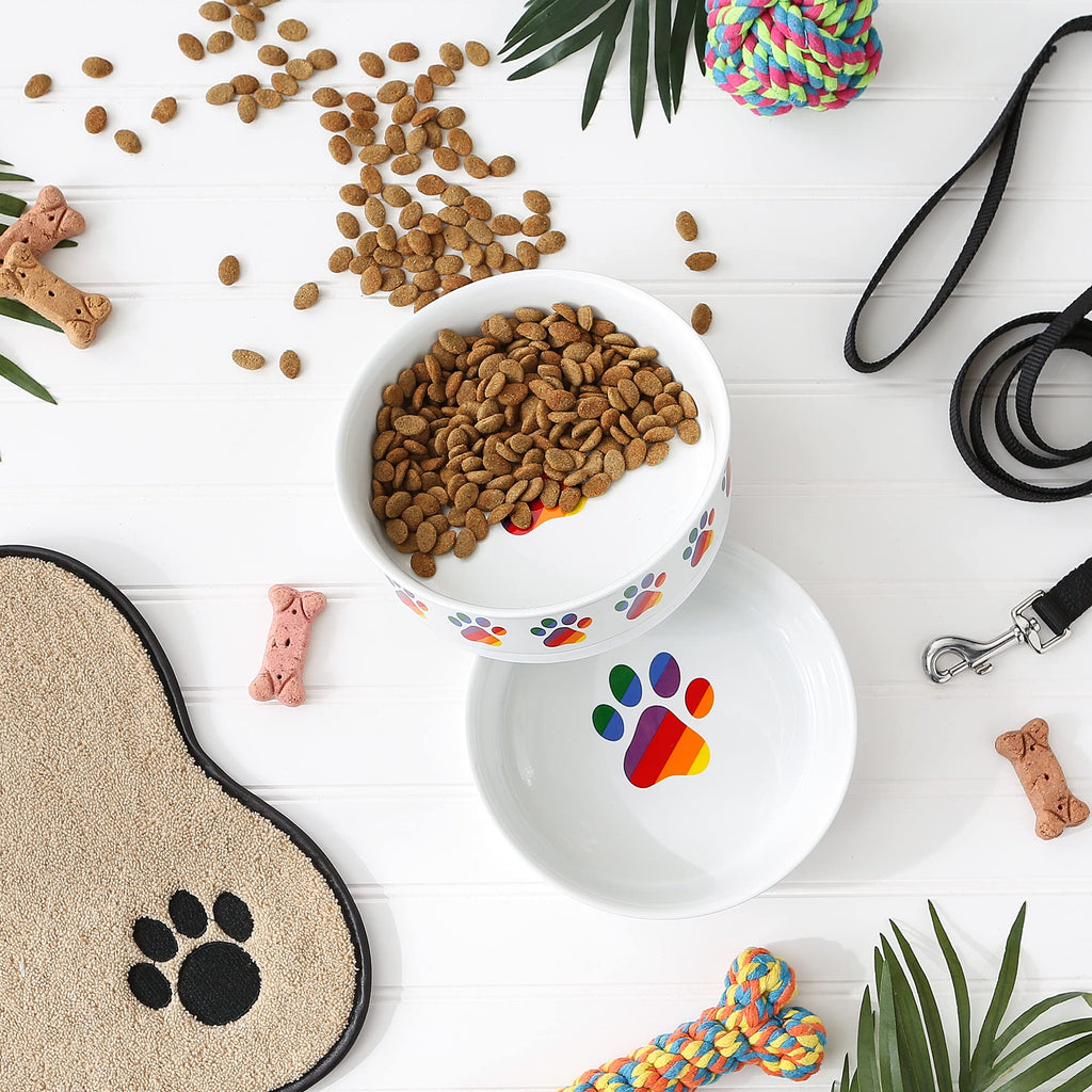 Bone Dry Ceramic Food Bowls, Non-Slip & Dishwasher Safe, Large Set, 7.5x2.4, Rainbow Paw, 2 Count