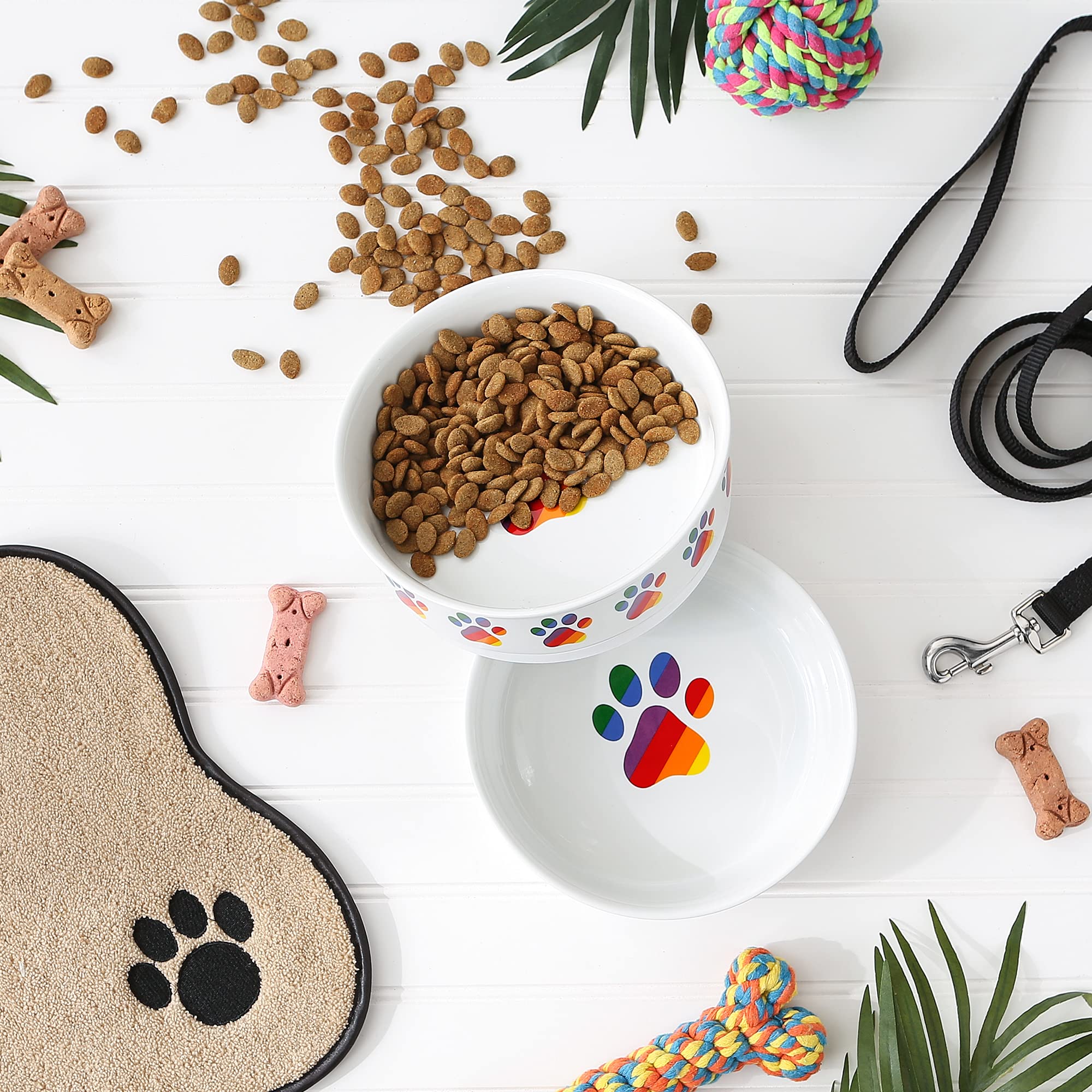 Bone Dry Ceramic Food Bowls, Non-Slip & Dishwasher Safe, Large Set, 7.5x2.4, Rainbow Paw, 2 Count