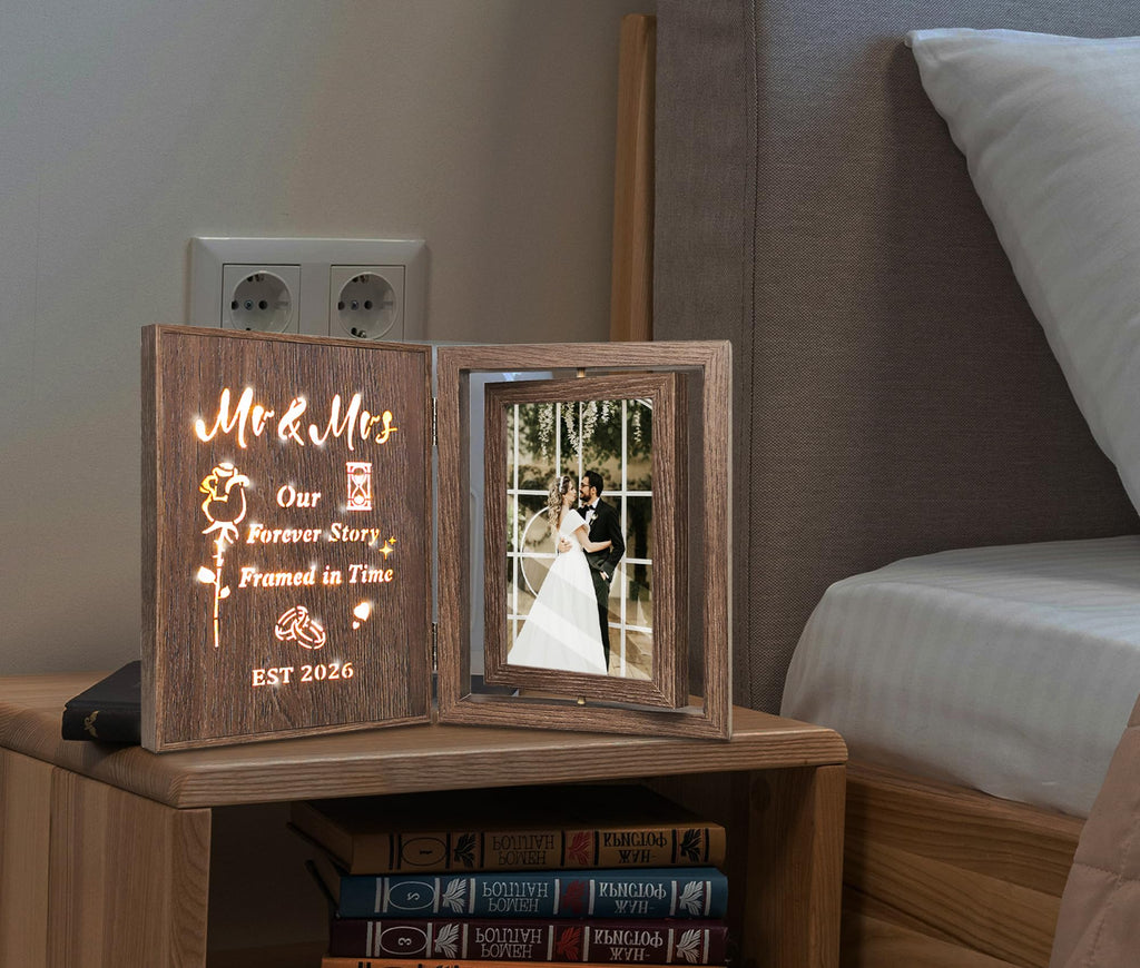 EYITUPC Wedding Gifts for Couples 2026 Light Up Mr and Mrs Picture Frame, Bridal Shower Gifts for Bride Groom, Rotating Wedding Photo Frames 4x6 for 2 Pictures