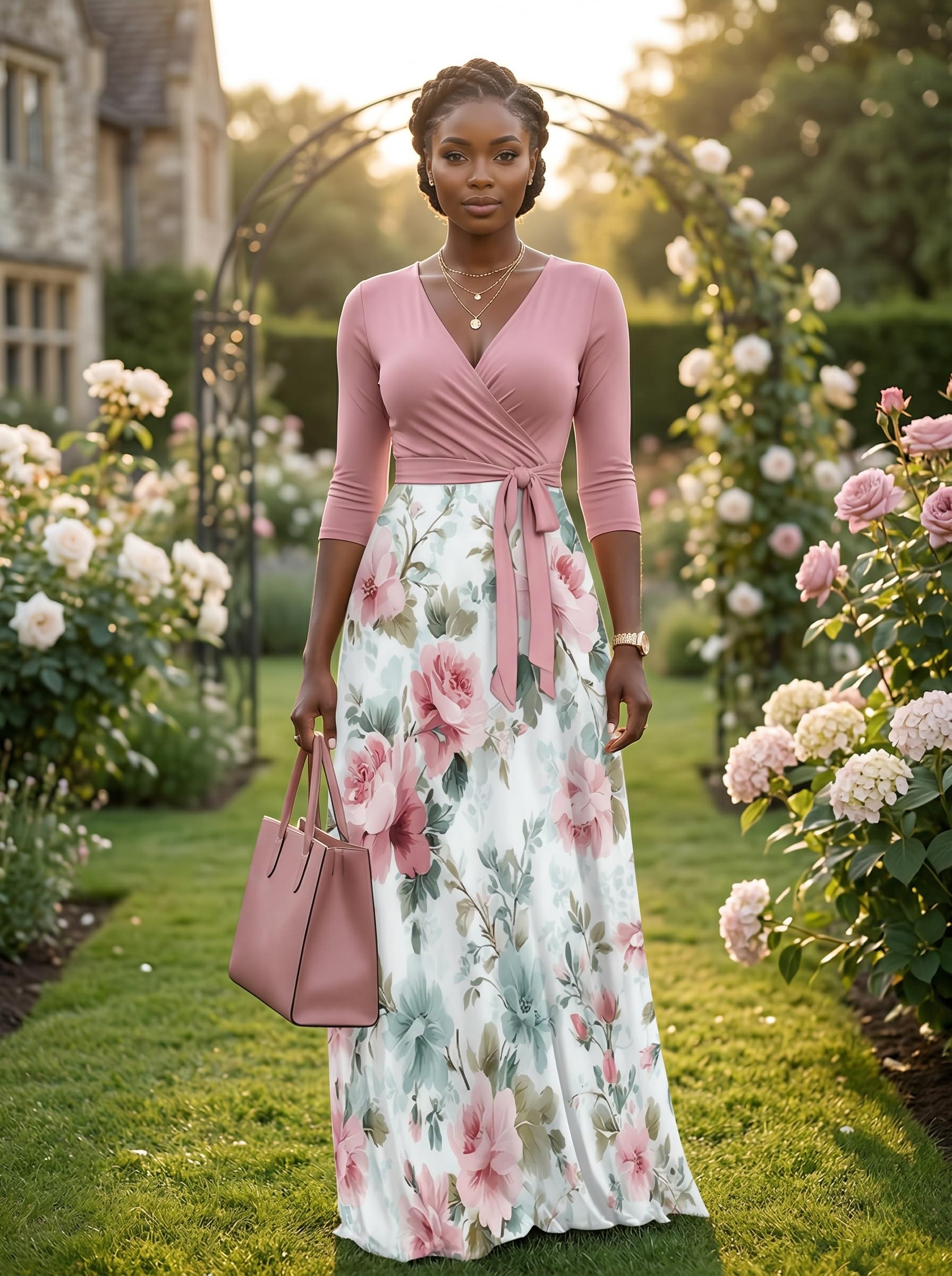 Maxi Dress for Women Elegant 3/4 Sleeve V Neck Ruffle Dress Wrap Tie Waist Sundress with Belt (A-Light Pink/Peony Floral L)