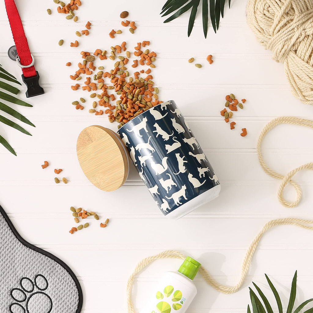Bone Dry Ceramic Treat Jar for Cats and Dogs, Bamboo Lid, Dishwasher Safe Canister, 4x6.5", Navy, Cat Treats