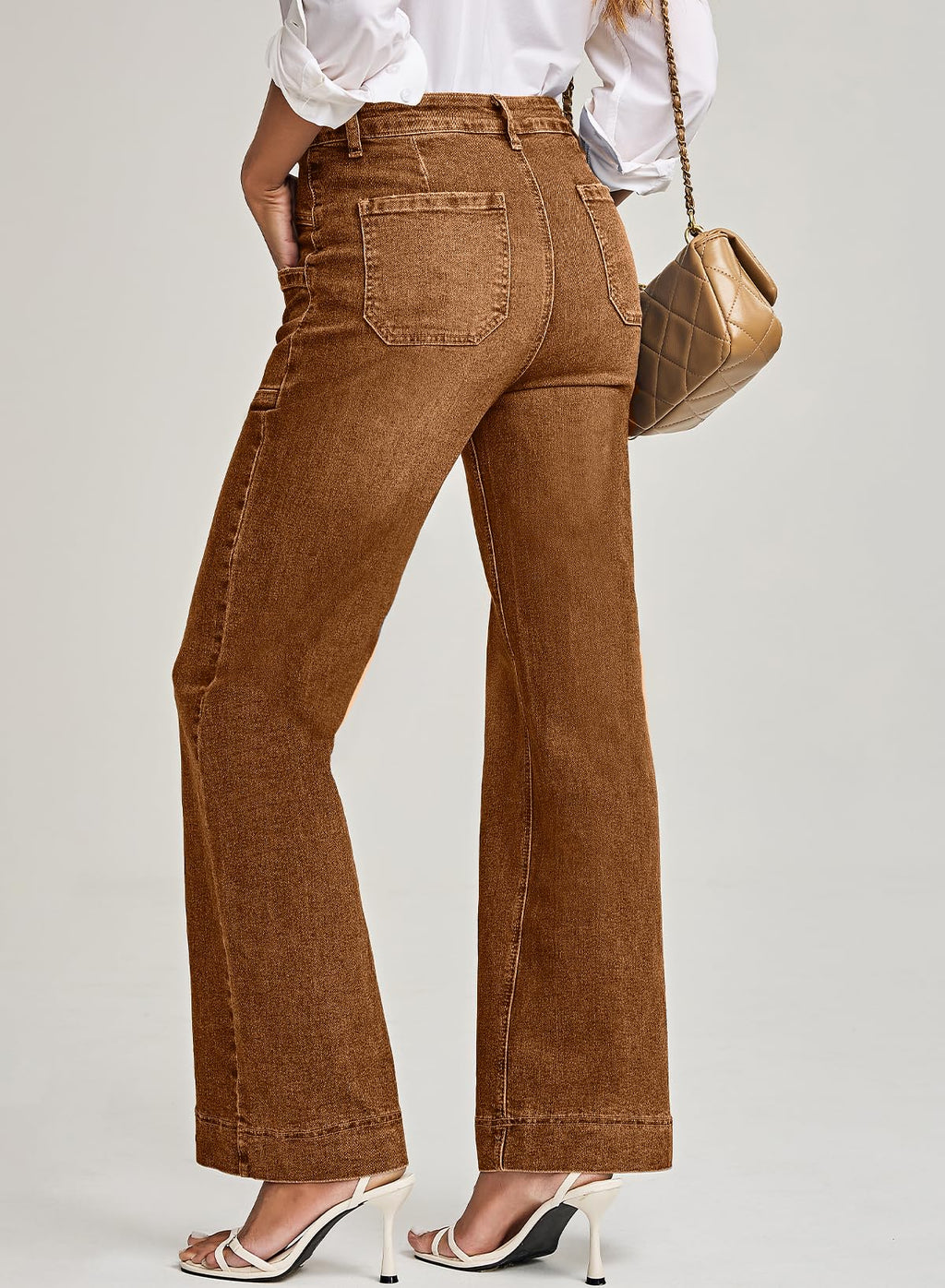 EVALESS Wide Leg Jeans for Woman Trendy High Waisted Stretchy Straight Bootcut Jeans Womens Control Tummy Casual Baggy Denim Pants with Pocket Brown Size 8
