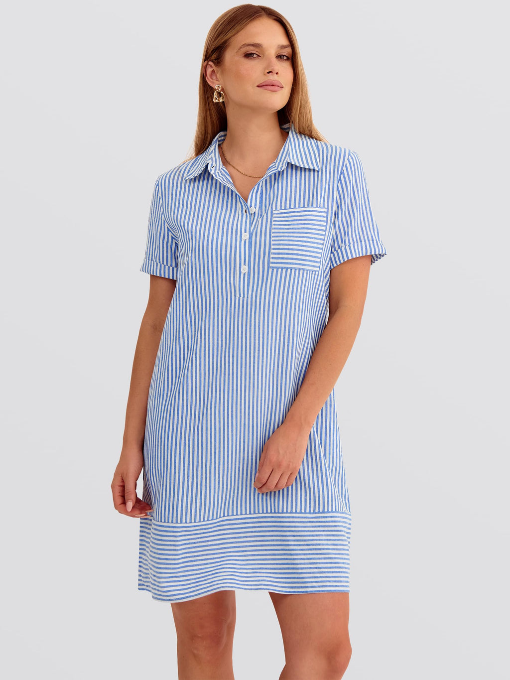 ANRABESS Womens Summer Shirt Dresses Casual Short Sleeve Button Tshirt Shift Short Polo Dress 2026 Beach Vacation Clothes Blue White Stripe Small