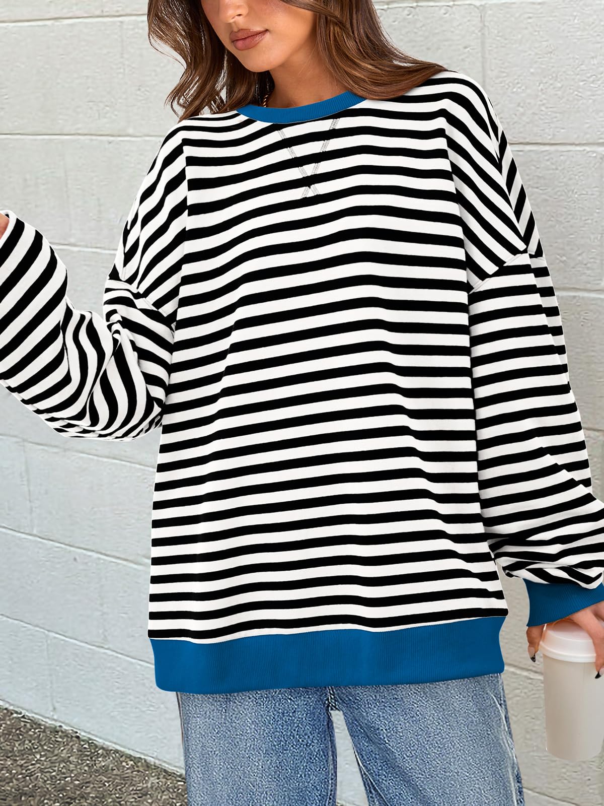 PRETTYGARDEN Women Striped Oversized Sweatshirt Color Block Crew Neck Long Sleeve Casual Pullover Top Spring Y2K Clothes (Black White, Small)