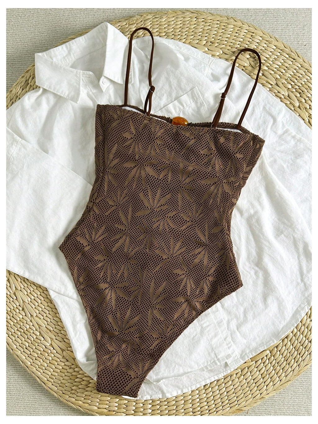 WDIRARA Women's One Piece Cutout Swimsuit High Cut Bathing Suit Spaghetti Strap Vacation Swimwear Brown Medium